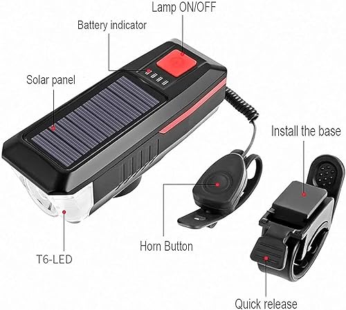 Miniatura 6 de Luz solar para bicicleta, 3 modos de luz LED y campana impermeable, recargable por USB, perfecta para bicicletas de carretera y montaña