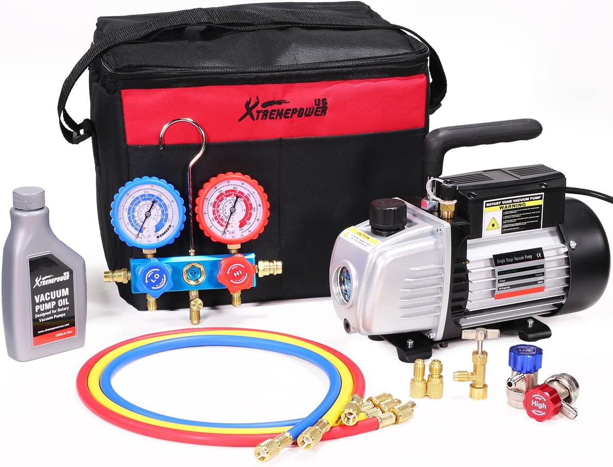 XtremepowerUS 3.5CFM 1/4HP HVAC Vacuum Pump R134a R12 R22 R410a A/C Refrigeration Set AC Manifold Gauge R134 Can Tap Carrying Tote