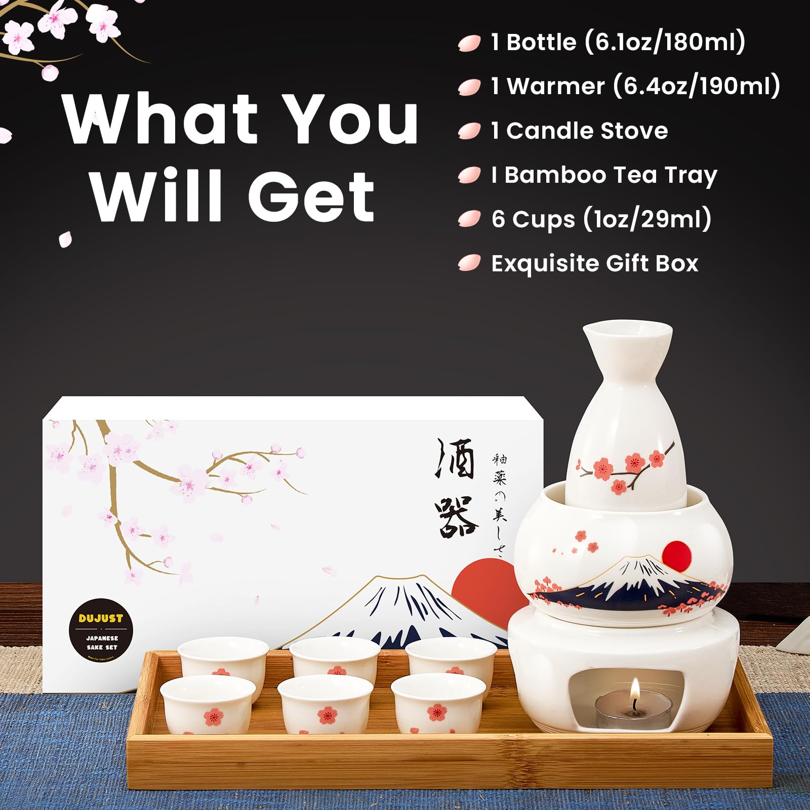 DUJUST Service à saké japonais 10 pcs avec chauffeur pour 6 personnes, design Sakura&Fuji en porcelaine, 6 tasses,1 carafe,1 chauffeur,1 brûleur à bougie,1 plateau,1 boîte, carafe à saké chaud - Blanc