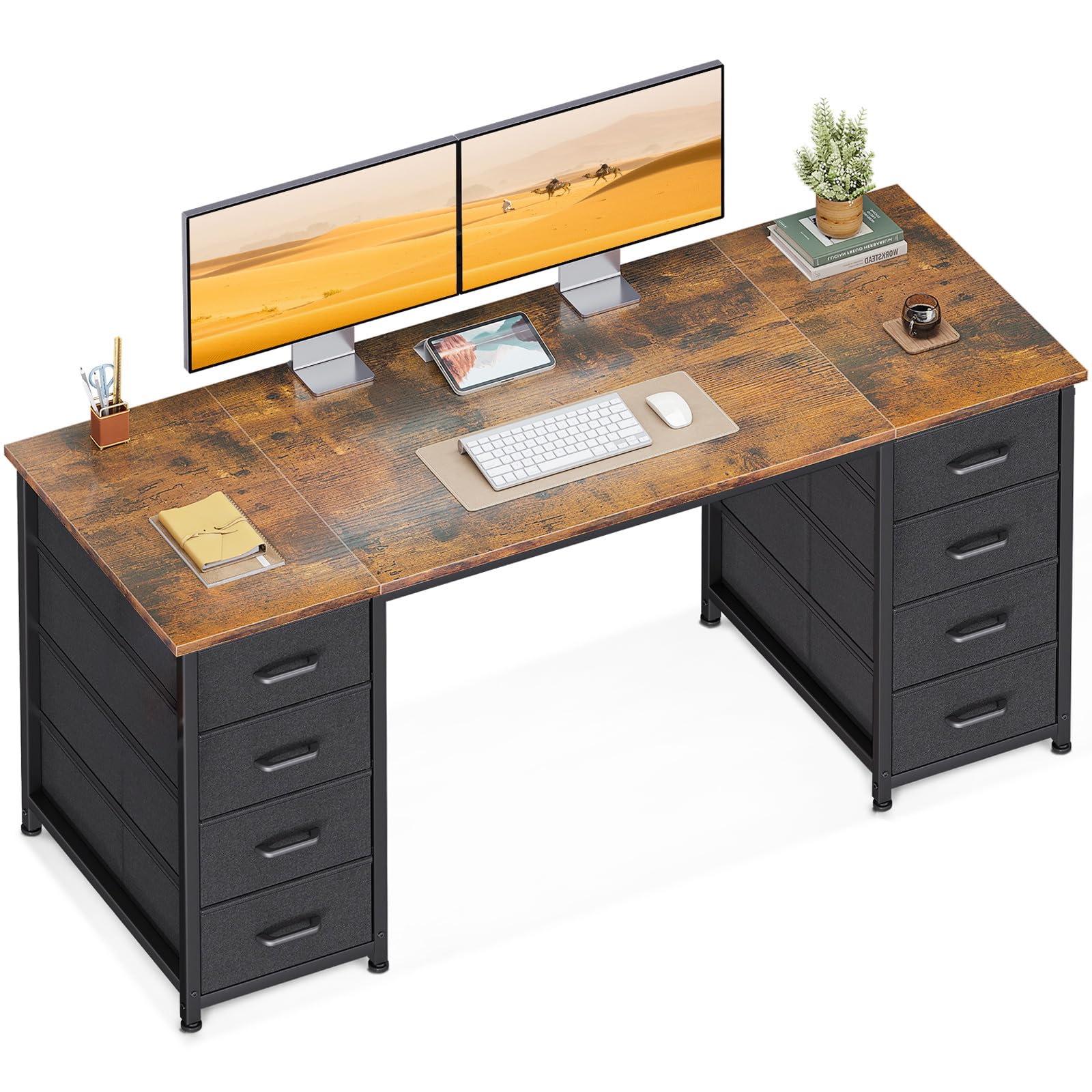 Coleshome Schreibtisch Mit 8 Stoff Schubladen, 140×48 cm, Braun | PC tisch, Bürotisch, platzsparend, einfache Montage, für Homeoffice, Familienecke & Schlafzimmer