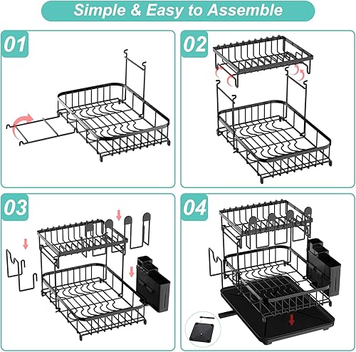 Miniatura 7 de Loftiage Escurridor de platos con soporte adicional para esponja para fregadero de cocina, escurridor de platos grandes de 2 niveles, colador de