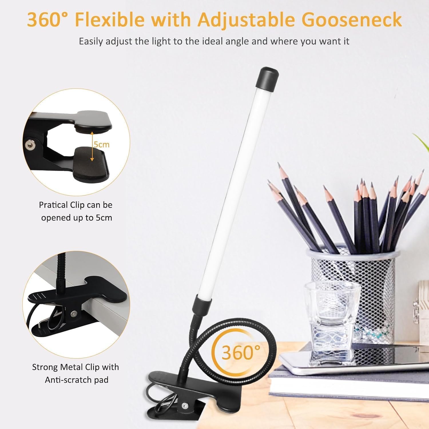 Akynite Lampa biurkowa LED z zaciskiem, adapter w zestawie, 3 kolory 10 intensywności, elastyczna lampa USB łabędzia szyja, klips do manicure stołowy, lampa zaciskowa