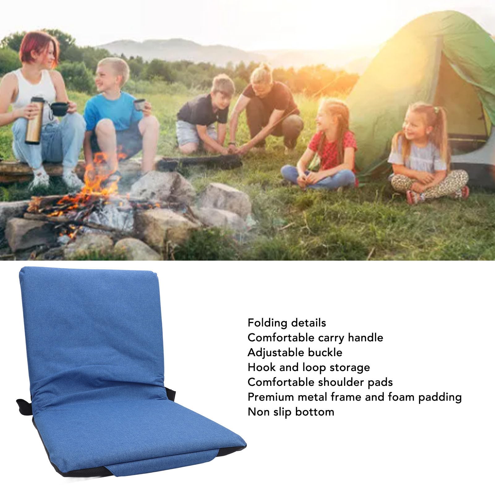 Asixxsix Tragbares Stadion-Sitzkissen mit Rückenlehne, Leicht Gepolstertes Sitzkissen, Höhenverstellbares, Faltbares Stadionkissen für Outdoor-Camping, Angeln und Picknick