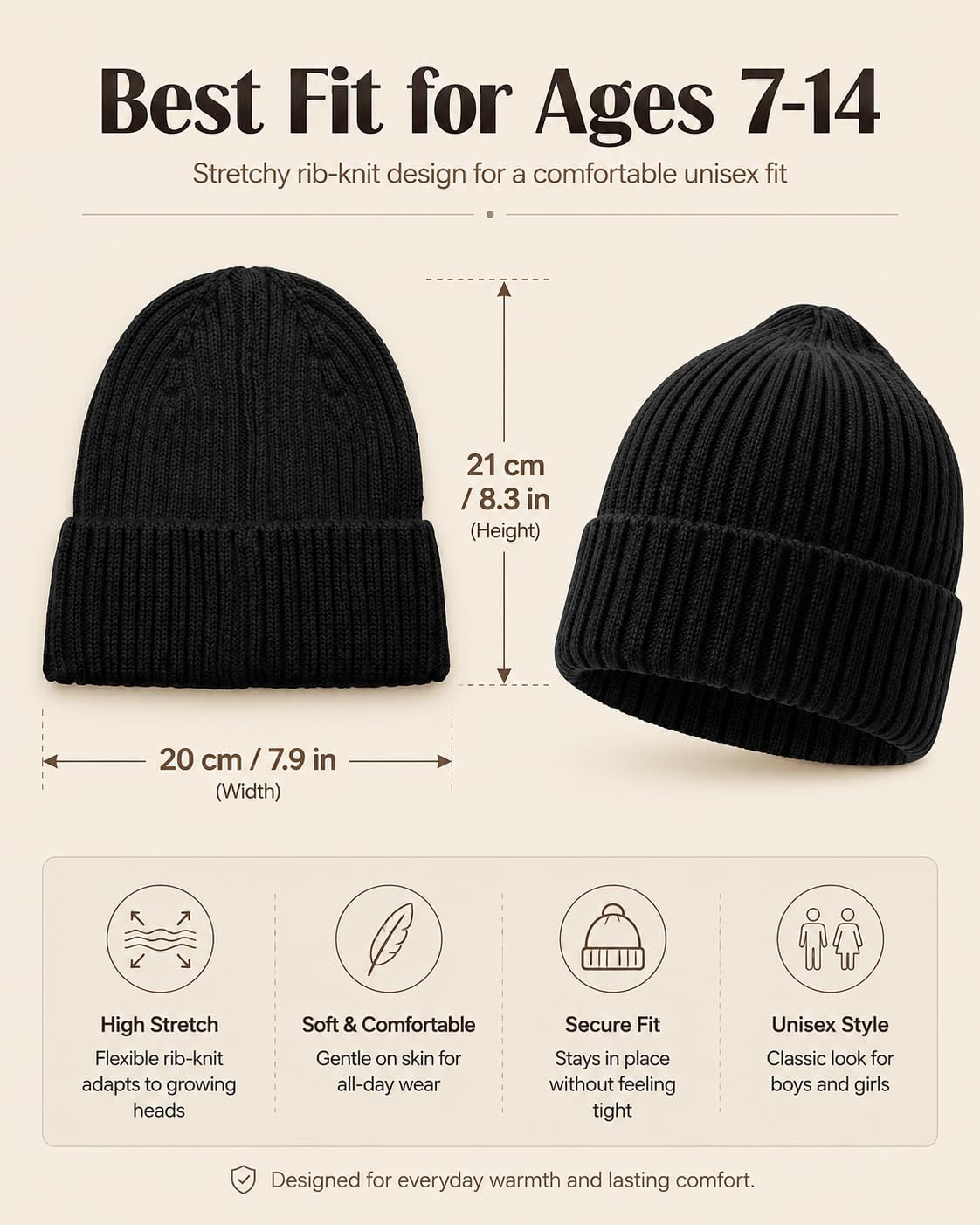 Kids Merino Wool Beanie Hat,Unisex Children Warm Winter Cuffed Ski Caps Classic Knitted Skull Caps for Boys Girls 7-14Y