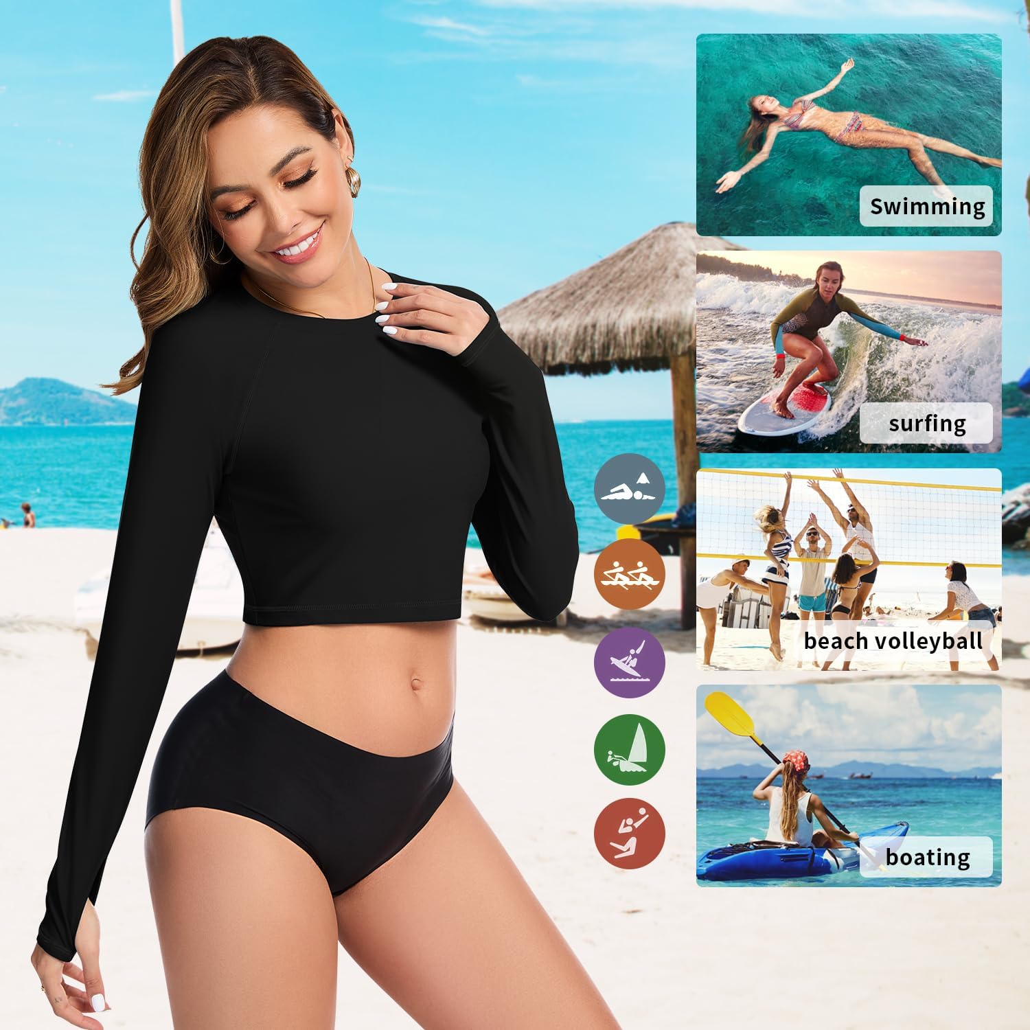 WOWENY Cropped Rash Guard Shirts for Women Long Sleeve with Thumb Holes UPF50+ Surfing Swimsuit Top No Bottom - Image 5