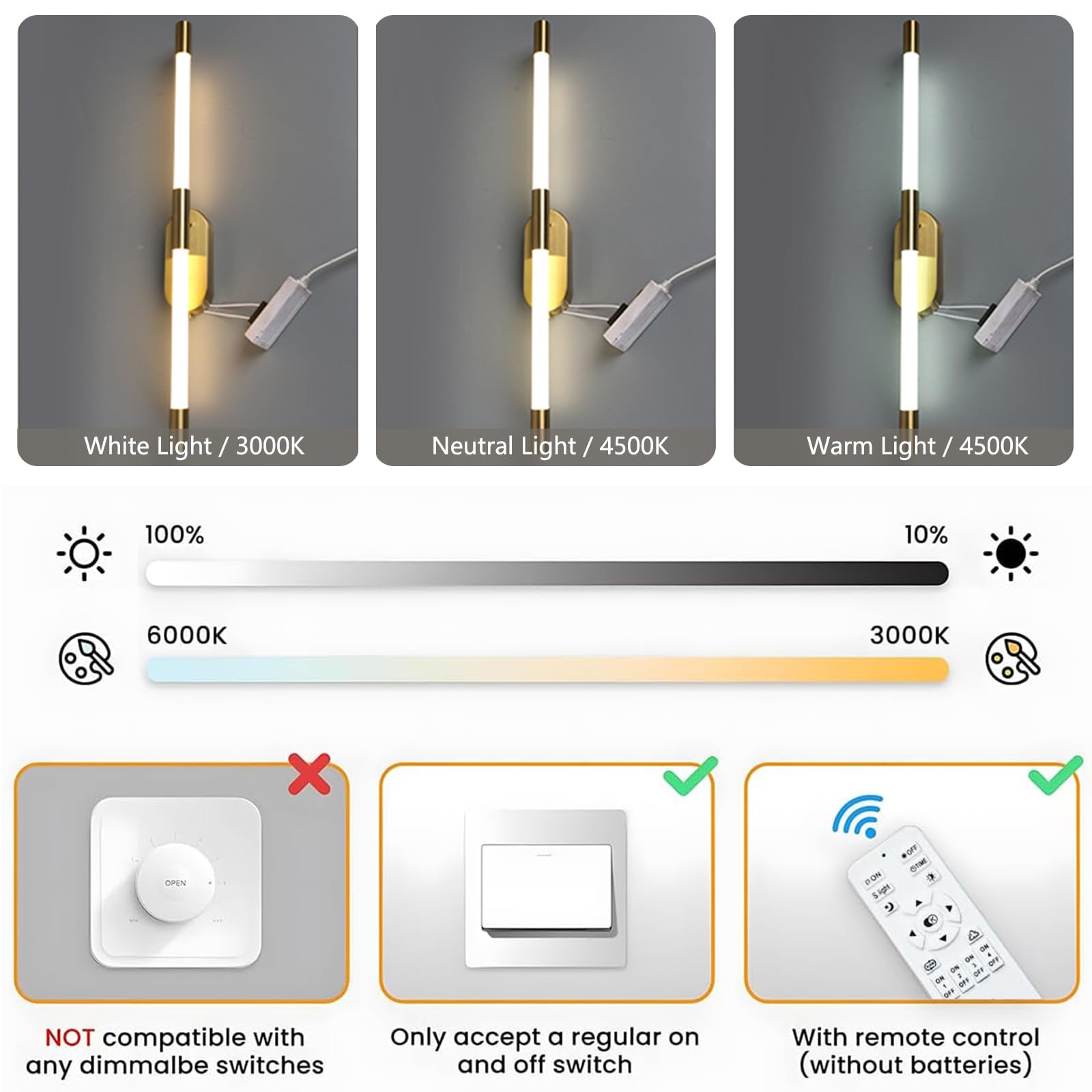 2er Set LED Wandleuchte Innen Gold Dimmbar mit Fernbedienung | 60cm Lange, 18W LED, Acryl Lampenschirm, Verstellbare Farbtemperatur Helligkeit, für Schlafzimmer, Flur, Treppenhaus