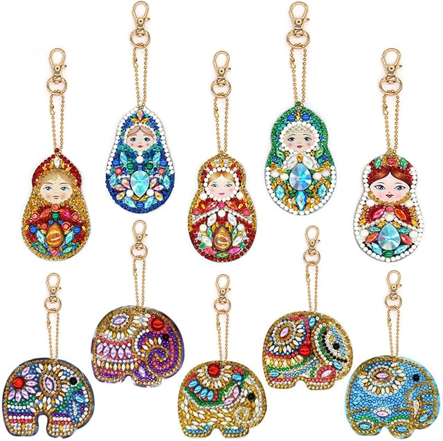 VEGCOO 10Pcs DIY Diamond Painting Keychain, DIY Art Craft Animal and Love Heart Diamond Painting Kits for Women Girls Purse/Key Pendant/Bag Decor (D)