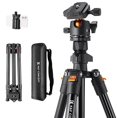 K&F Concept Trépied Appareil Photo Voyage, 163CM Trepied Léger en Aluminium, Trépied pour Smartphone avec Téléphone Support, Trépieds Caméra Compact avec 360° Rotule Ball pour DSLR Caméra(Seul 1.24KG) - 163cm/8kg - Noir et Orange