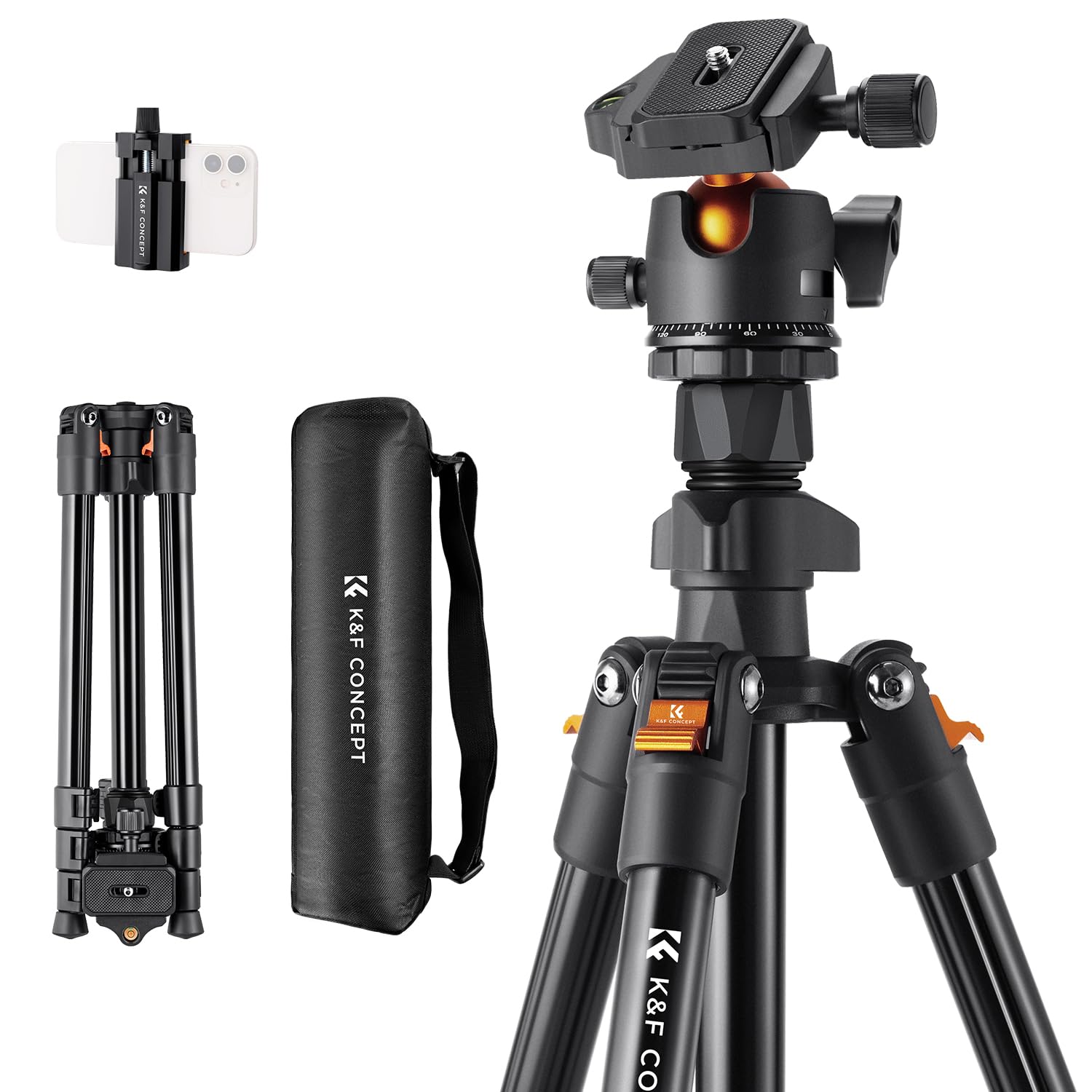 em K&F CONCEPT 64 inch/163 cm Camera Tripod,Lightweight Travel Outdoor DSLR Tripods with 360 Degree Ball Head Load Capacity 17.6 lbs/8 kg