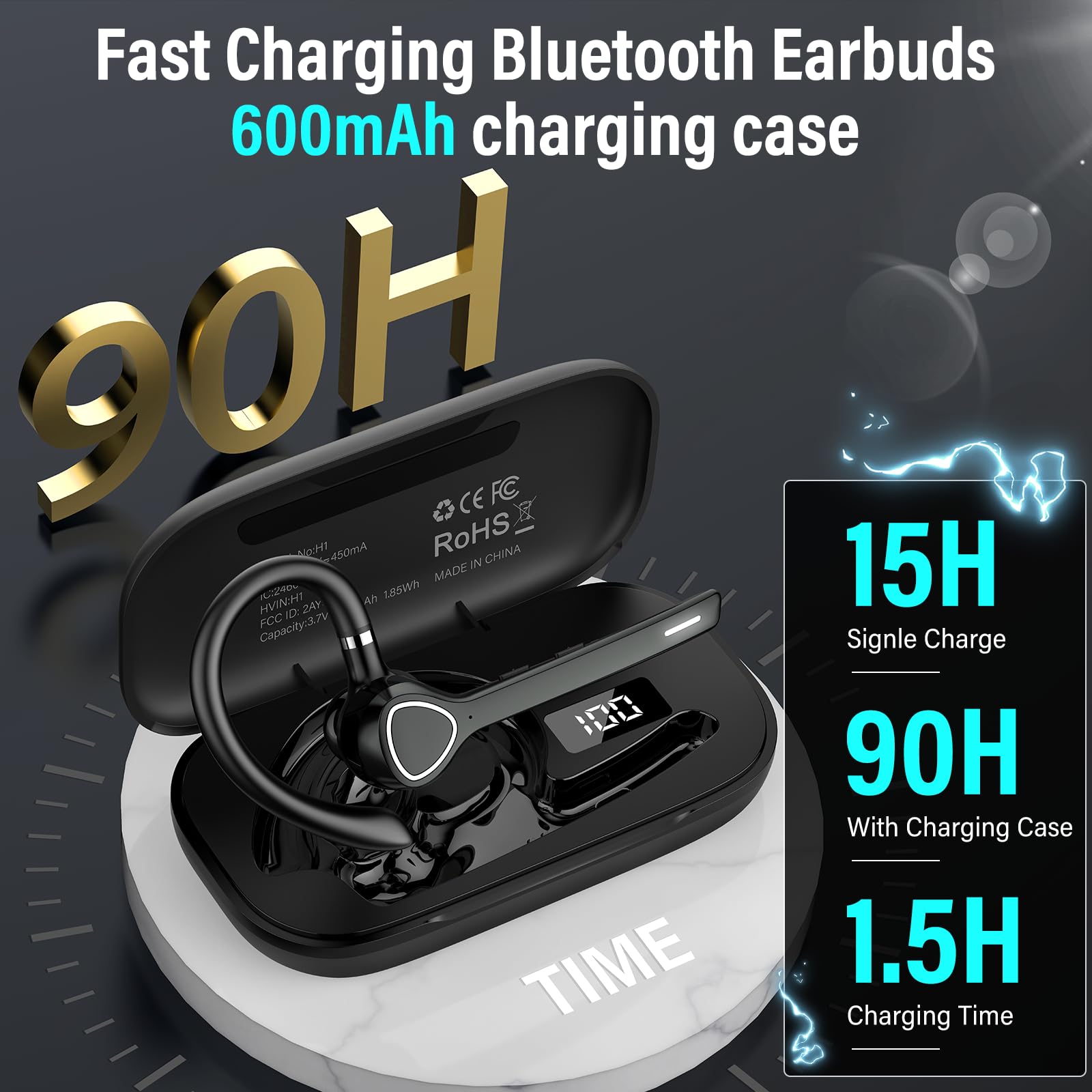 Bluetooth Headset, V5.4 Wireless Freisprech Telefon mit CVC 8.0 und ENC Dual Mikrofon, Bluetooth Ohrhörer mit 90h Spielzeit Mic Mute Zwei-Geräte-Verbindung für Büro Business Autofahren, Schwarz