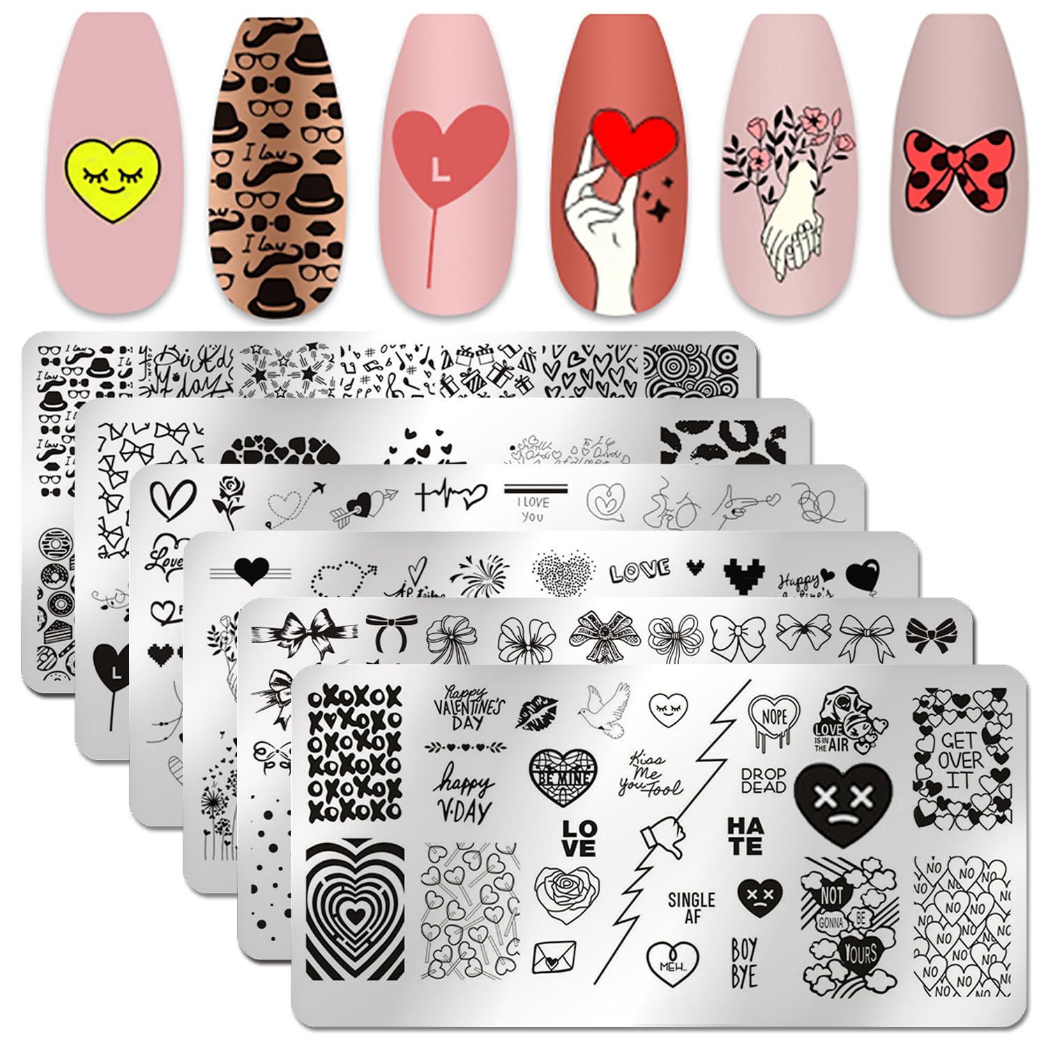 6 Pieces Heart Nail Stamp Valentine's Day Nail Stamping Plate Nail Art Stencils Stamping Plates for Nails Manicure Template Tool DIY Nails Accessories (Heart Series)
