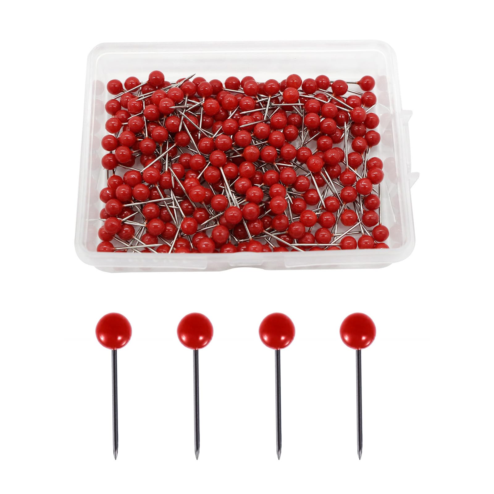 Werownsgso Pack of 300 Round Head Pins, 4 mm Map Nail Push Pins, Pin Board Pins with Plastic Box, Round Rice Pins, Pin Board Pins for Map, Photos, Cork Board, Fabric Marking, DIY (Red)