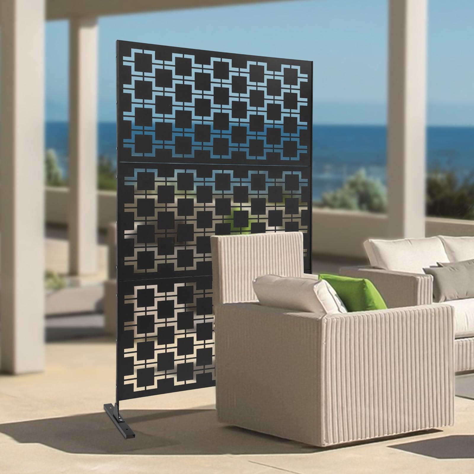 Placa de acero para protección visual, con soporte, 120 x 40 x 190 cm, acero negro, con diseño decorativo, para jardín, balcón, terraza, oficina