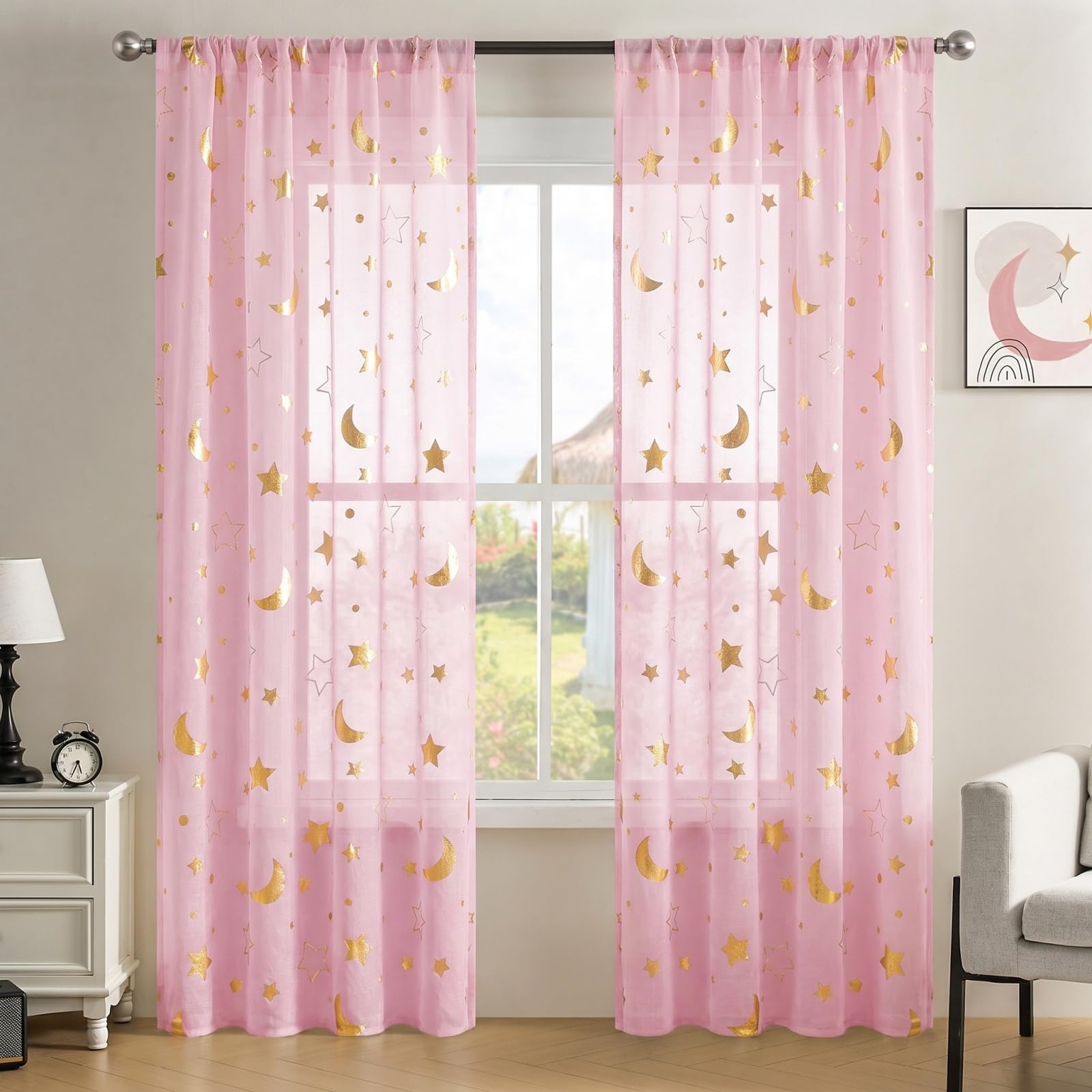 Pink Voile Curtains with Star and Moon Printed for Nursery 95 inch Drop