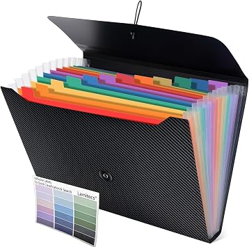 Expanding File Folder A4,13 Pockets File Organiser with Colored Tags, Paperwork A4 Plastic Wallet Document Storage Expander for School,Office and Home, BlackColorful Inside