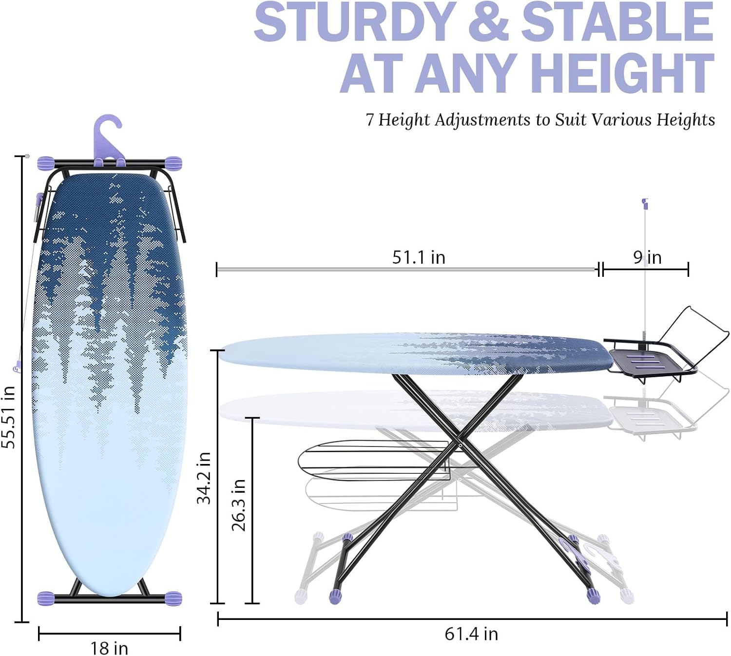 APEXCHASER Ironing Board Full Size with Iron Rest, Metal Panel Iron Board with Heat & Scorch Resistant Cover, Adjustable Height Heavy Duty Ironing Board, for Home, Dorm, 18 x 51 Purple