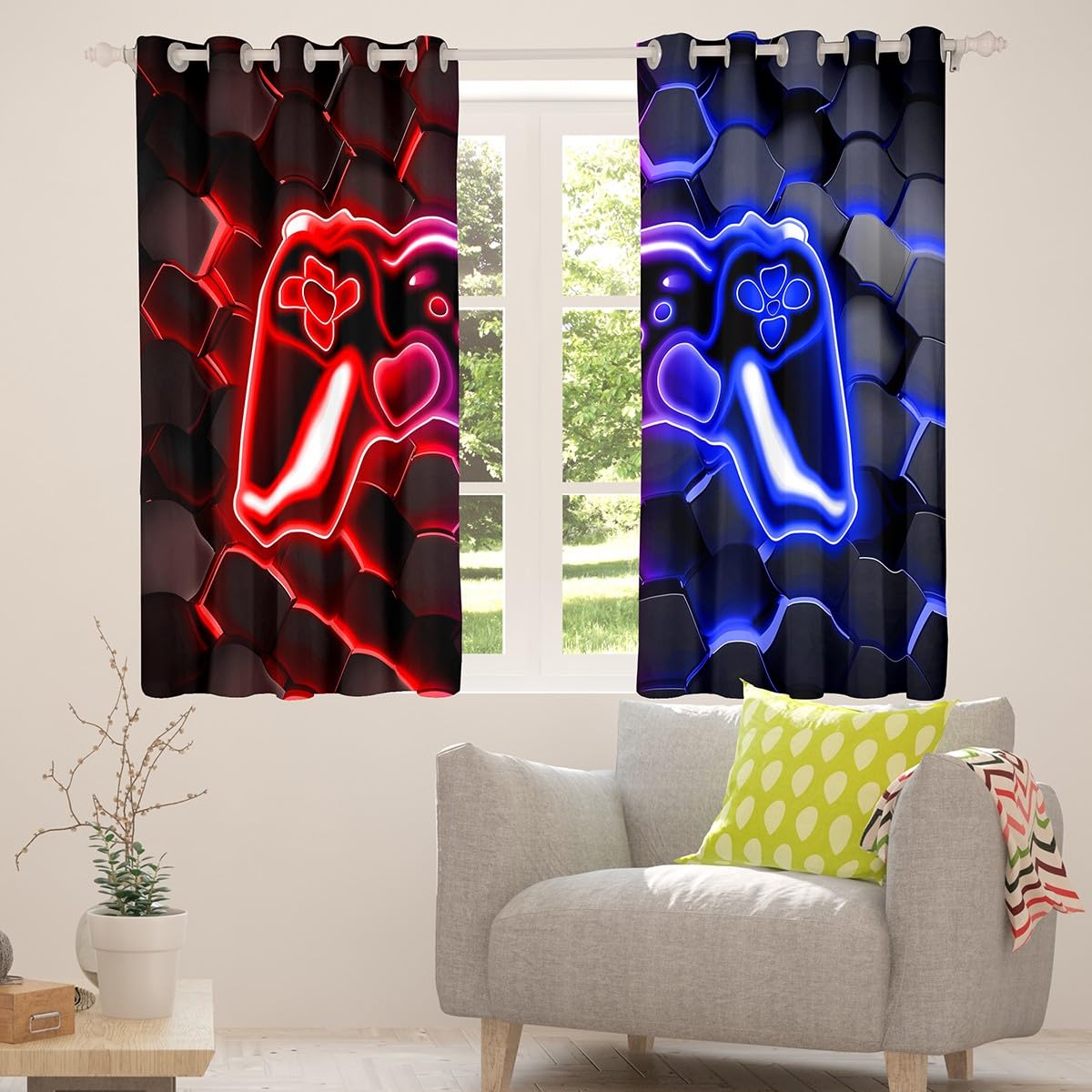Homewish Zasłony zaciemniające do gier, 132 x 160 cm, 2 panele do sypialni, neonowe zasłony okienne o strukturze plastra miodu, czerwone i niebieskie, sześciokątne światła, zasłony okienne, dekoracja