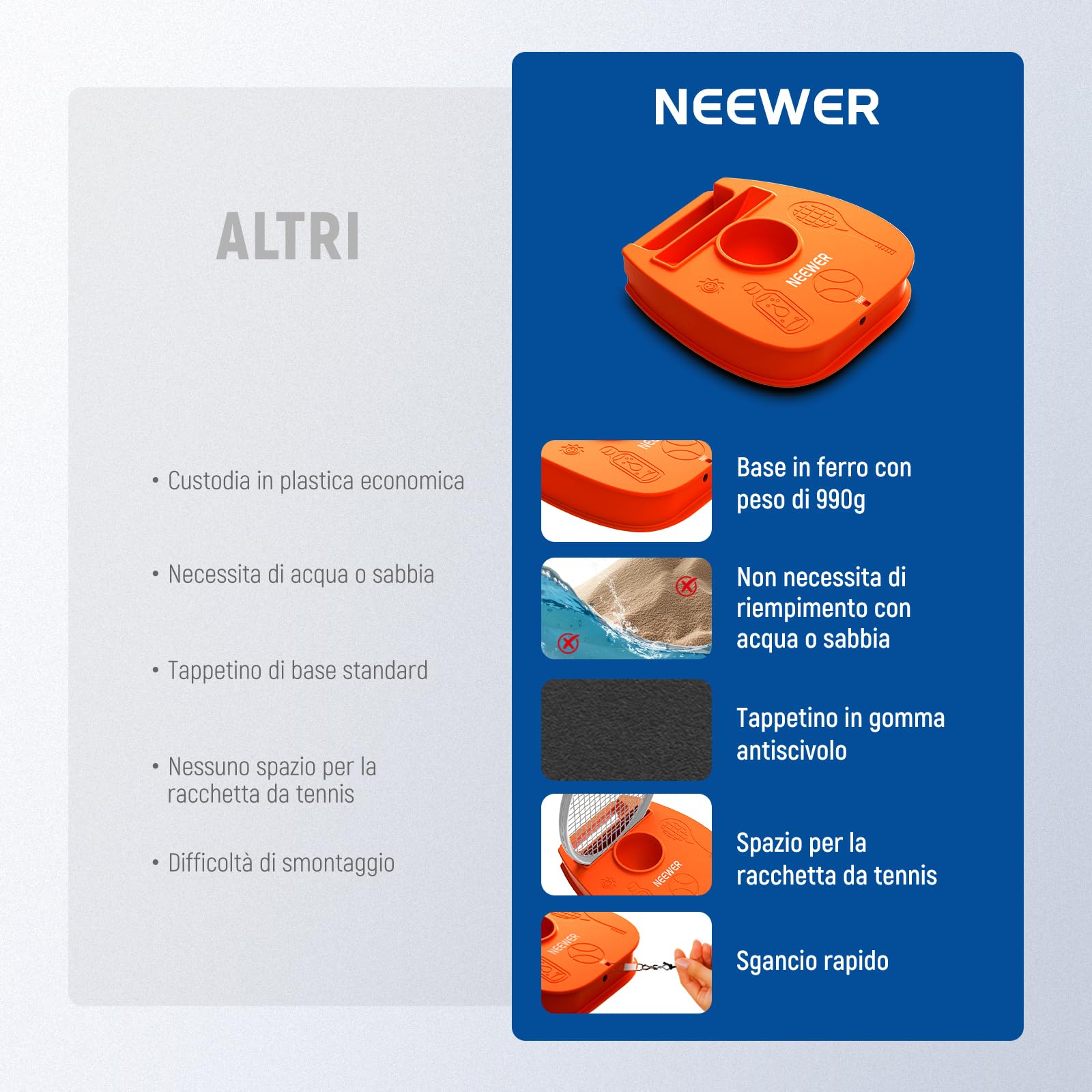 NEEWER Set di Palline da Tennis Portatili con Base in Ferro Antiscivolo, Supporto per Racchetta, 3 Palline da Tennis con Corda Elastica, rimbalzatore per Allenamento Individuale per Adulti, TB01Z
