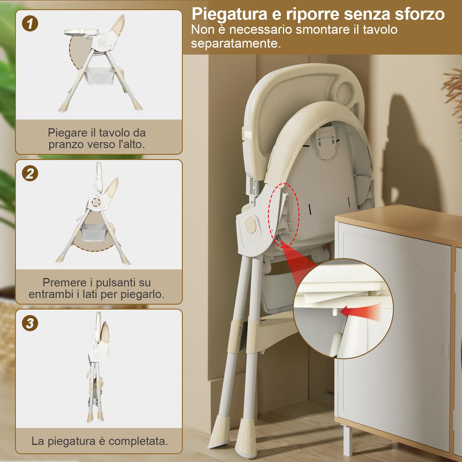 Seggiolone Pappa Pieghevole, Seggiolone Evolutivo con Dondolo Neonati, Piatto da Cena Smontabile, Schienale regolabile, per Bambini da 6 Mesi fino a 3 Anni, Beige