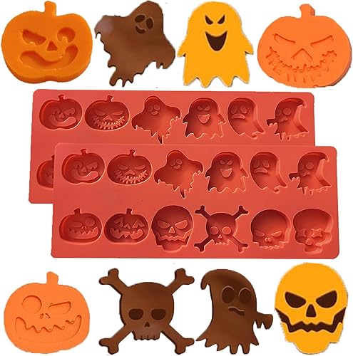 Chopizever - Molde de chocolate de Halloween, 2 piezas de silicona de 12 cavidades, molde de calabaza y chocolate con calavera de calabaza y
