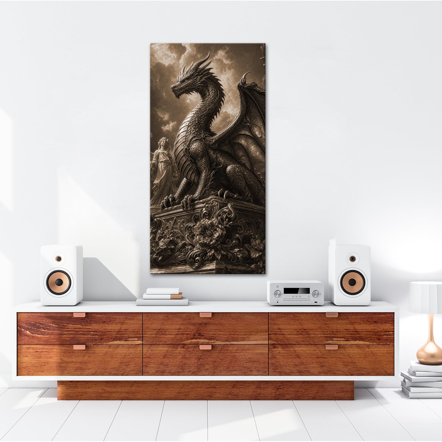 deyoli Obraz na płótnie Złoty smok statua przed niebem 100 x 50 cm Sepia