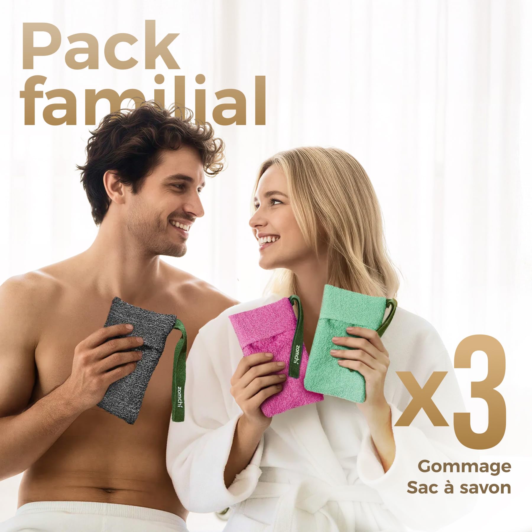 ZOMCHI Lot de 3 Sacs à Savon Exfoliants, éponge Exfoliante pour Le Corps, Porte-Savons pour Savons Solides, Pochettes pour Exfoliation en Profondeur
