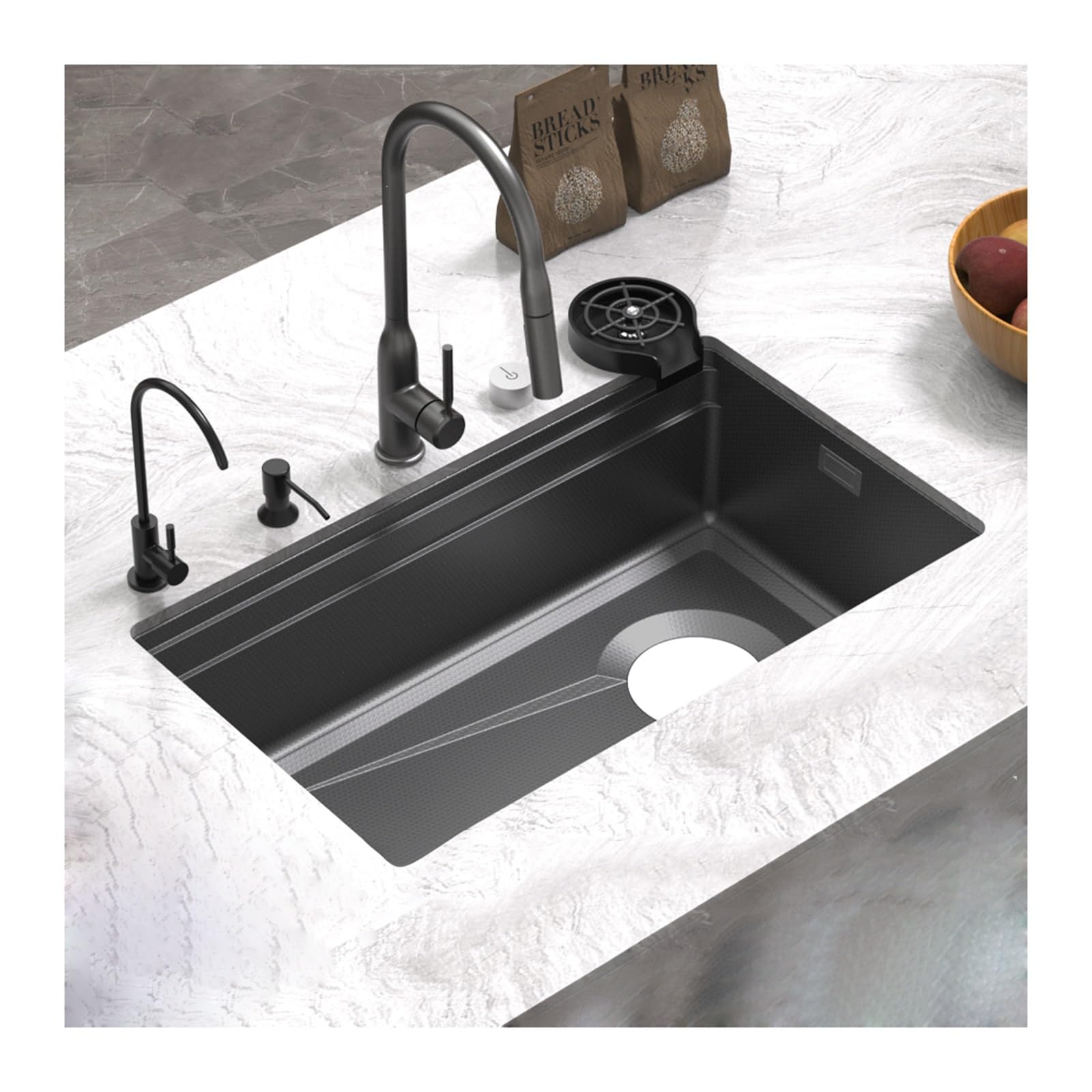 Schwarze Granit Composite Unterbau-Küchenspüle 63,5 Cm - Einzelbecken Mit Abtropfgestell Und Zubehör