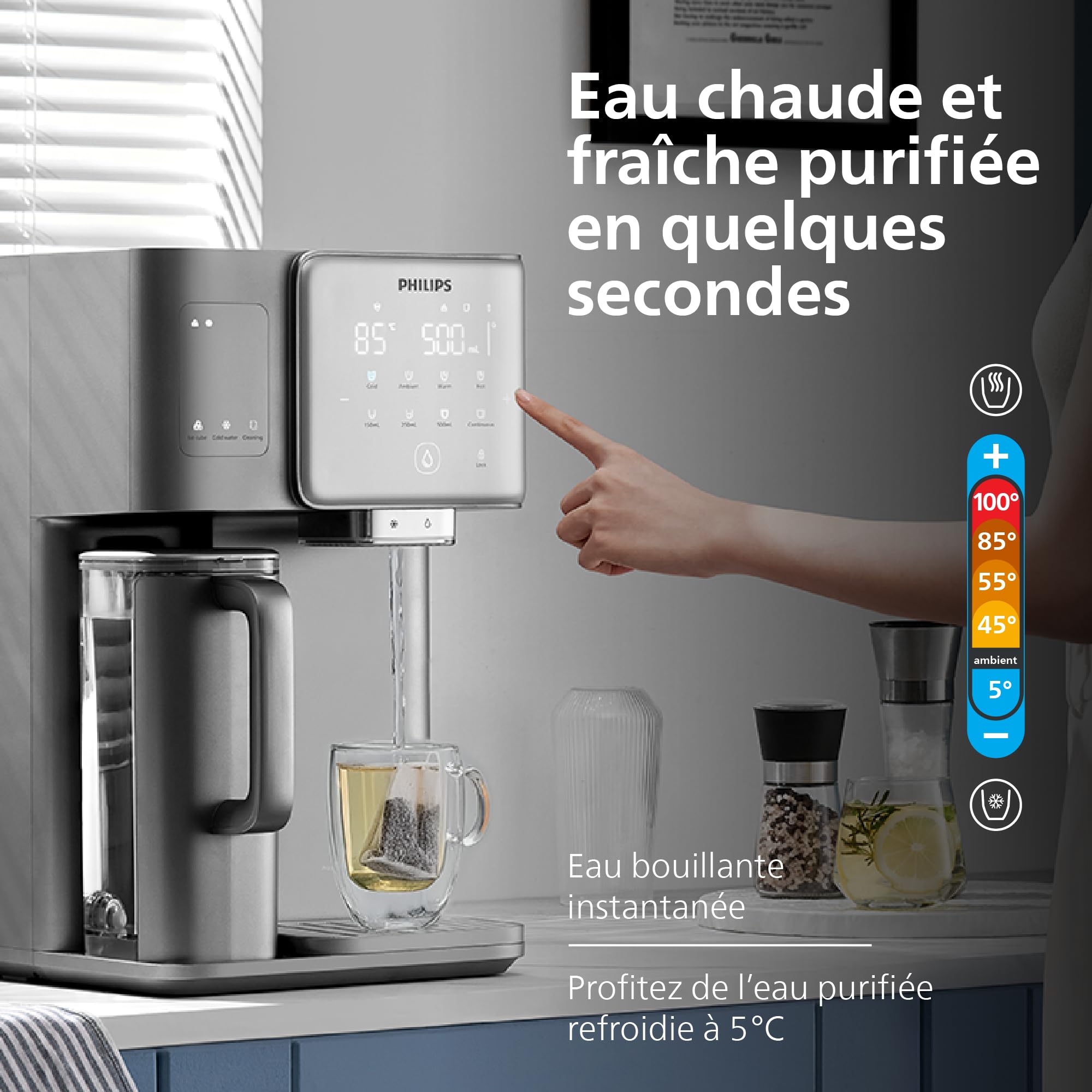 Philips Station d'eau à osmose inverse, eau chaude et froide instantanée, machine à glaçons intégrée, UV-C, reminéralisation, moniteur TDS, réservoir de 6 litres, durée de vie du filtre d'un an.