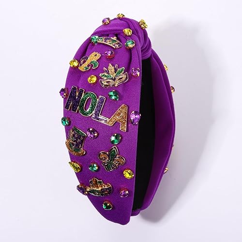 Miniatura 6 de CEALXHENY Diadema de Mardi Gras para mujer, diadema de corona de flor de lis, diadema morada con diamantes de imitación y nudo superior, accesorios