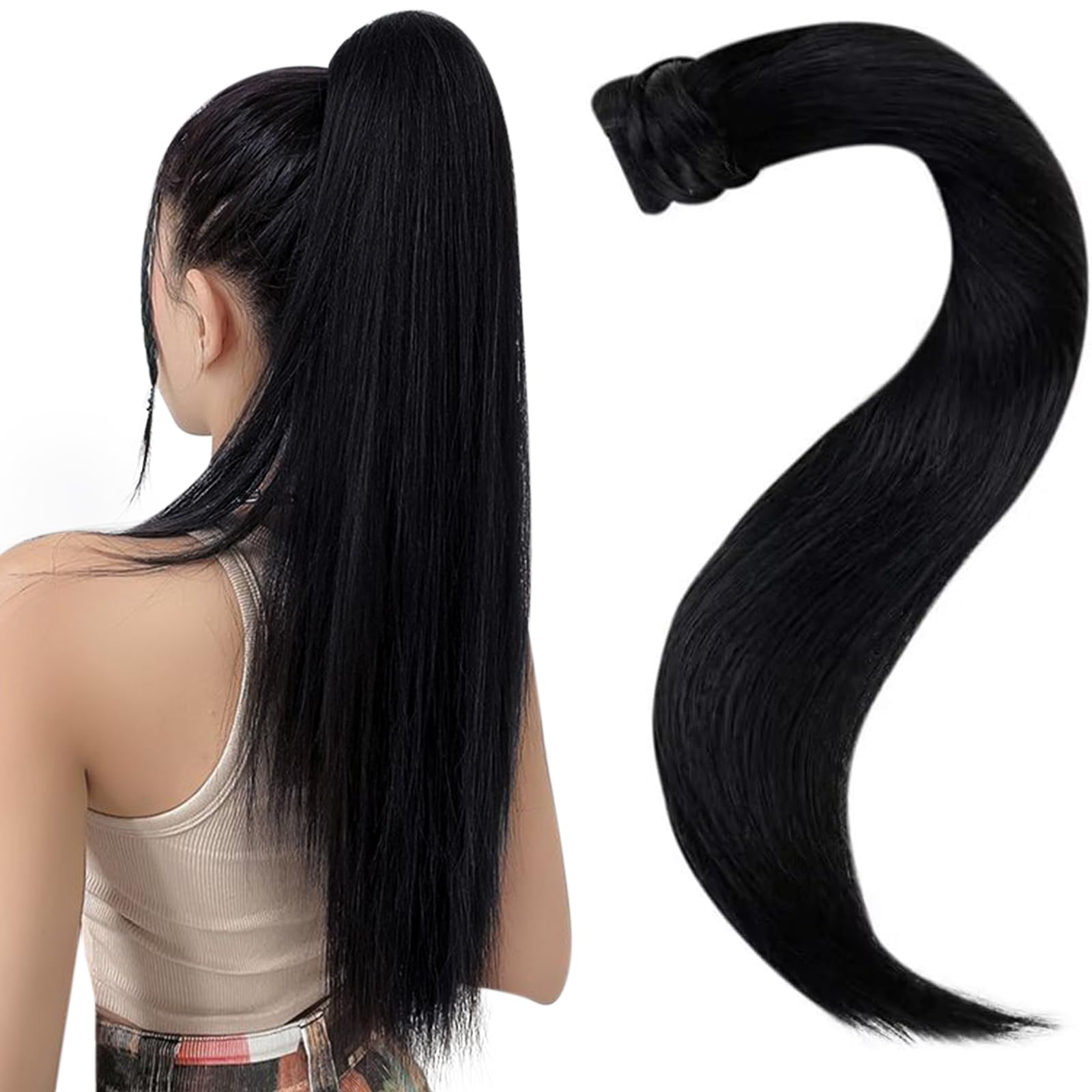 Easyouth Black Ponytail Extension Human Hair Jet Black Ponytail Hair Extensions Human Hair 12 Inch 70g Black Real Hair Ponytail Extension