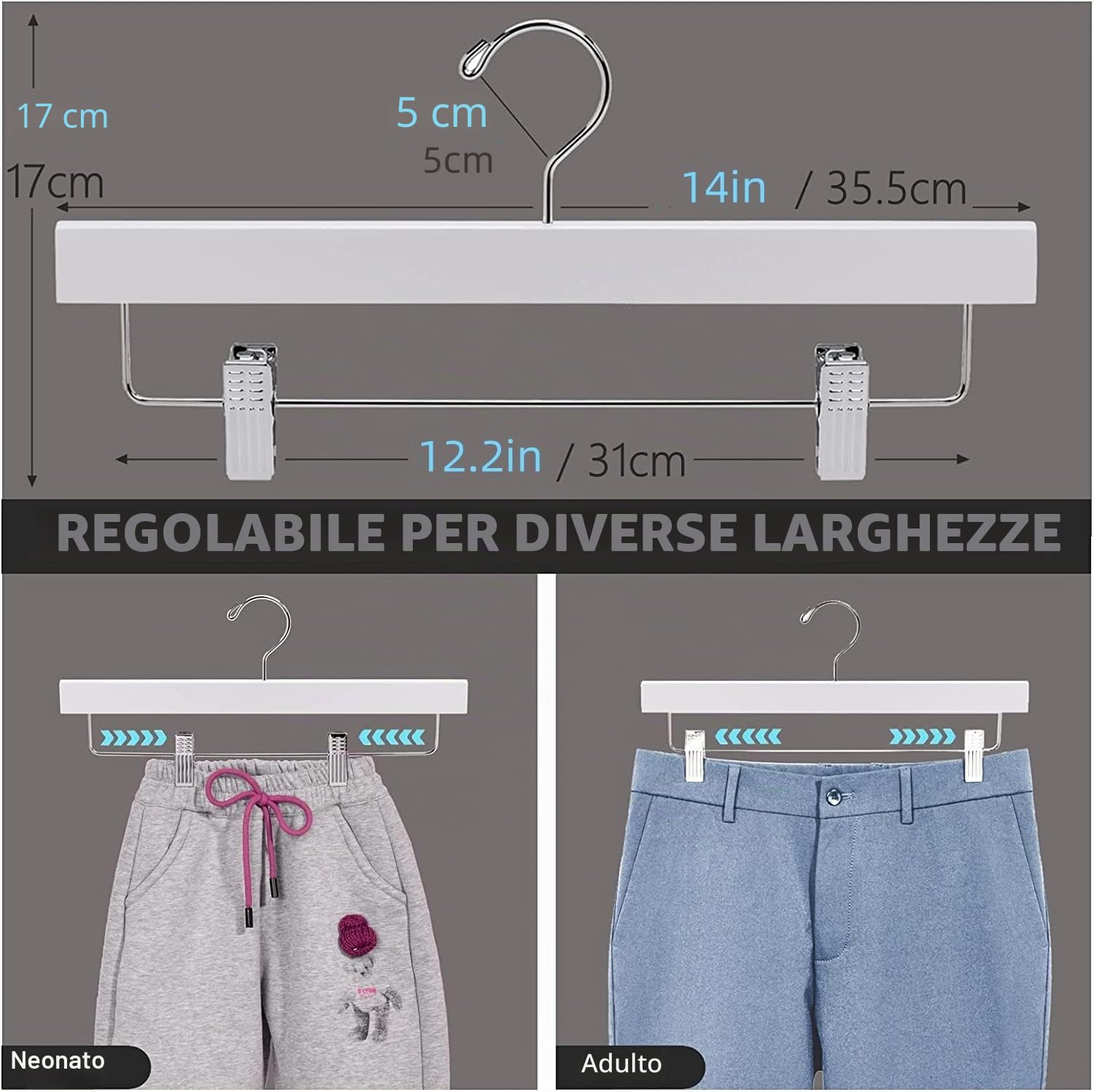 Amber Home 10 Pezzi 35.5cm Grucce Appendiabiti in Legno Bianco Liscio Robusto per Pantaloni Gonna Calzino Biancheria Intima Mutande con Clips