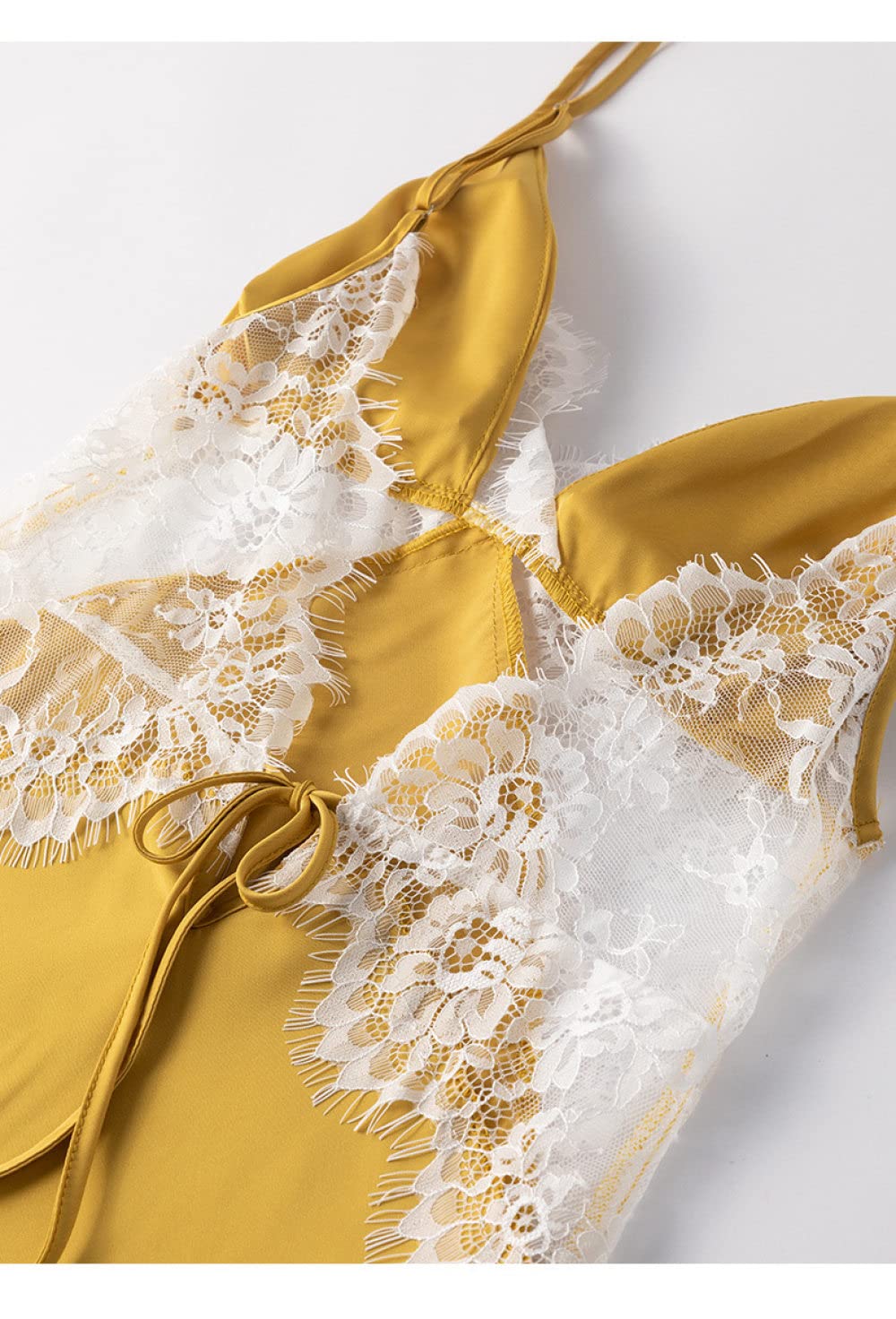 OZEO Albornoz,Albornoz Kimono Dos Piezas Costura Satén Negro Borla Encaje Hueco Vestido Verano Sin Espalda Sexy Cuello En V con Cordones Novia Babydoll Bademantel Damen,M