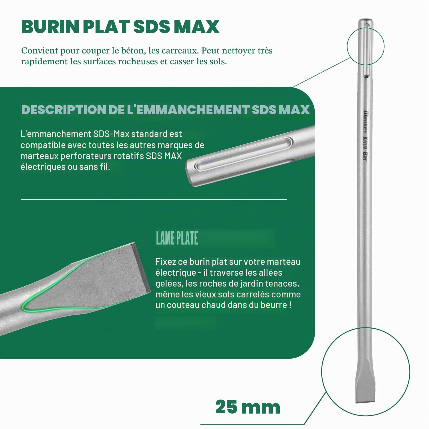 Monkey King Bar Burin SDS MAX 1200 mm, long burin plat pour marteau perforateur rotatif SDS MAX, marteau de démolition, utilisé pour les conecrets, briques, maçonnerie, granit, compatible