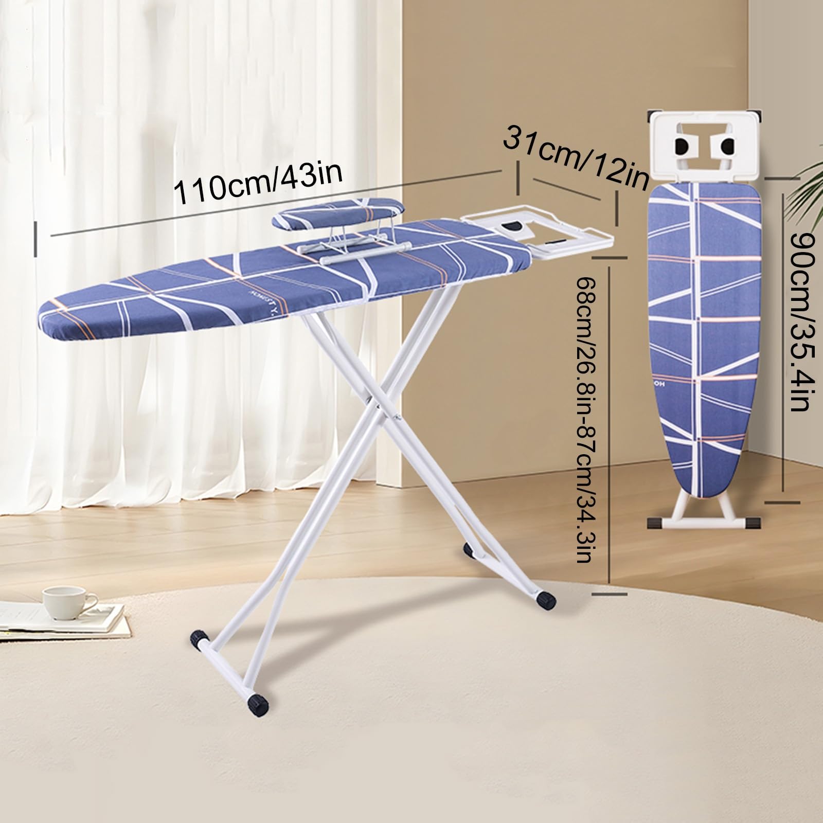 Tabla de Planchar Ajustable de 6 Alturas, Mesa Planchar Plegable con Reposapiés, Soporte para Mangas y Funda de Repuesto(Medium)