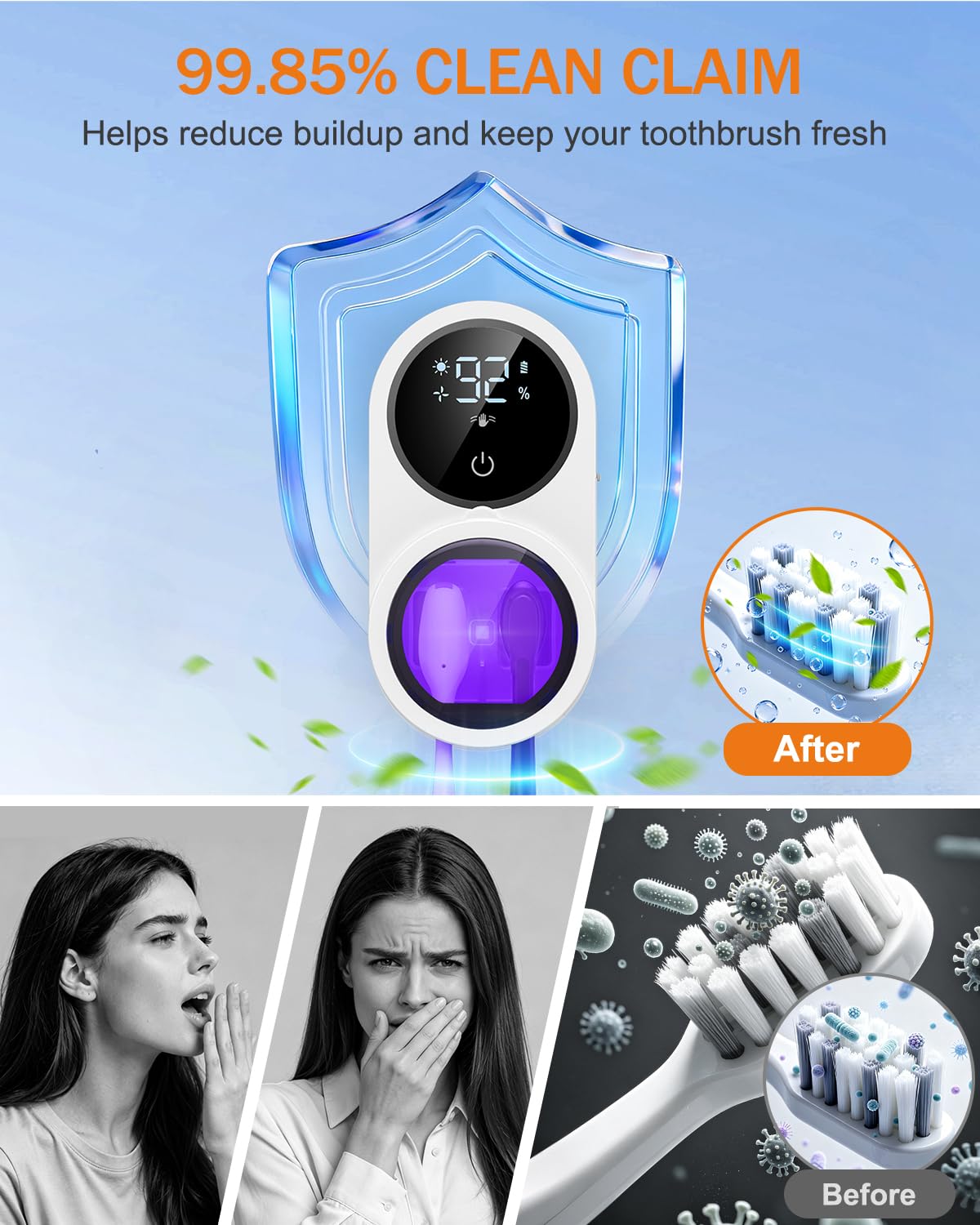 Soporte para cepillo de dientes UV, limpiador de cepillos de dientes eléctrico con pantalla LED, sensor automático infrarrojo, ventilación y secado automáticos, soportes para cepillos de