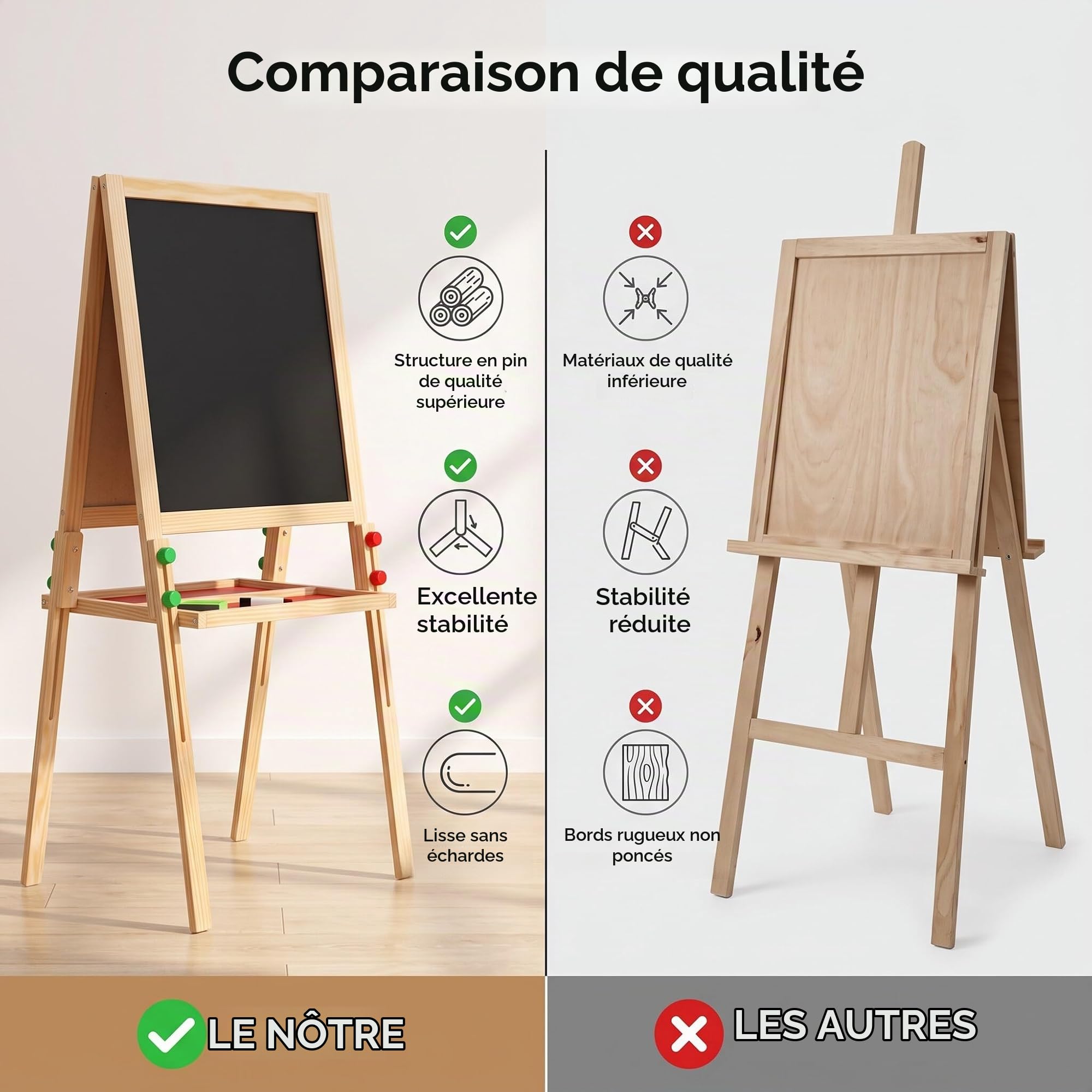 Ejoyous Tableau 2 en 1 en bois pour enfants - Réglable en hauteur - Chevalet magnétique en bois - Tableau de jeu pour enfants à partir de 3 à 12 ans - 65 x 35 x 31 cm