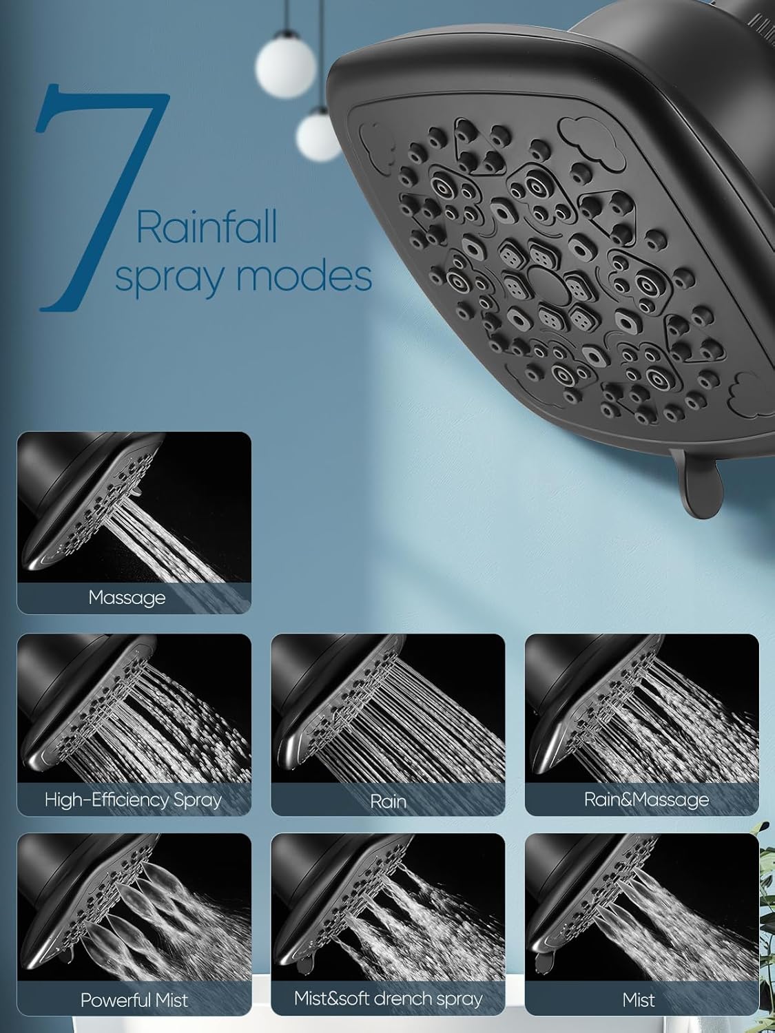 Shower Head Filter Replacement Cartridge& 7 Modes High Pressure Shower Heads Black