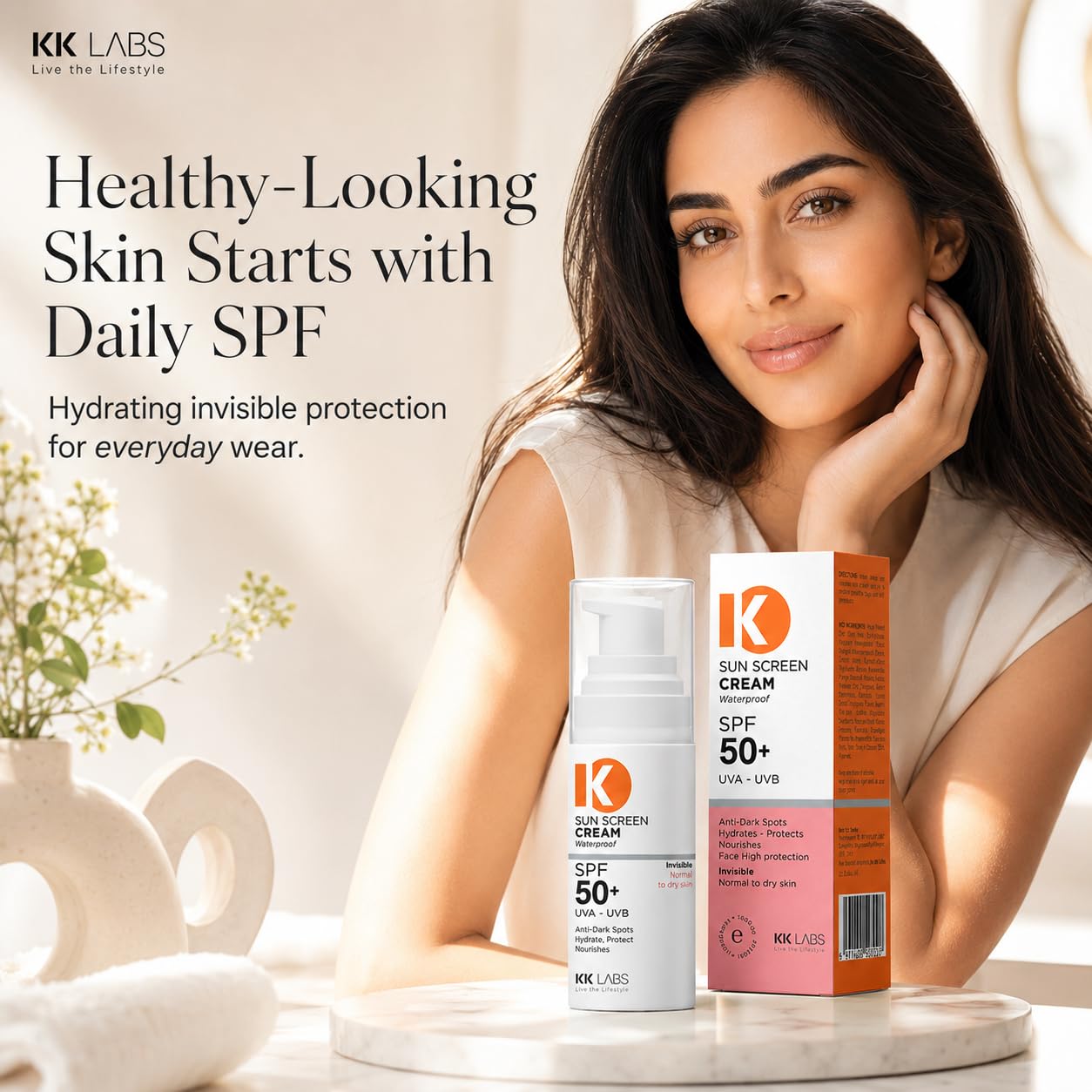 KK Labs Invisible Sun Cream for Normal to Dry Skin 50ml - Hydrating Daily Facial Sunscreen with a No-White-Cast, Comfortable Finish That Protects and Moisturises Dry Skin, Men and Women