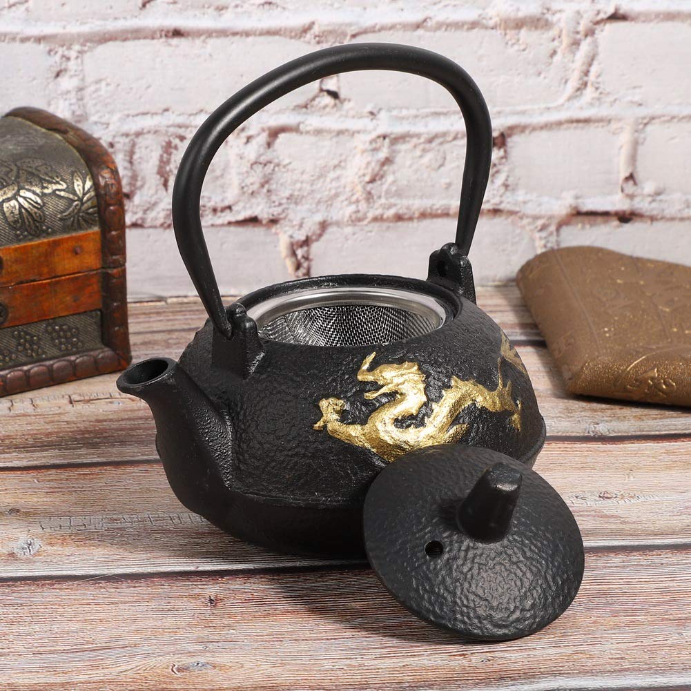 Bollitore per tè in ghisa, teiera giapponese Tetsubin Teiera in ghisa Bollitore per tè in ghisa Piano cottura Ornamenti con motivo a drago d'oro per tè domestico 0,3 L