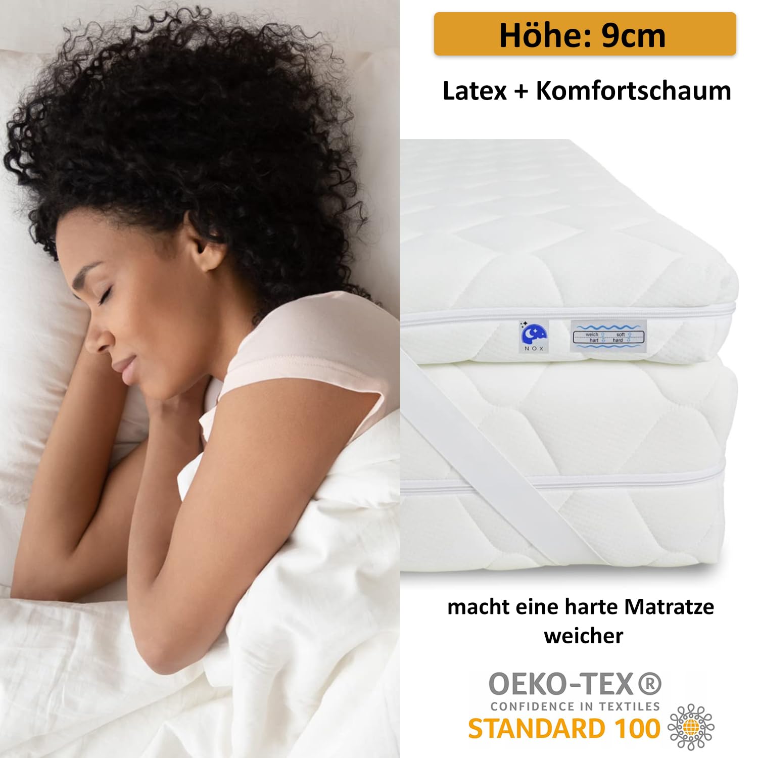 TULENA Ortho - Coprimaterasso 90 x 200 cm, altezza 9 cm, 90 x 200 cm, per letto a molle, divano letto, letto degli ospiti con lattice per chi soffre di allergie
