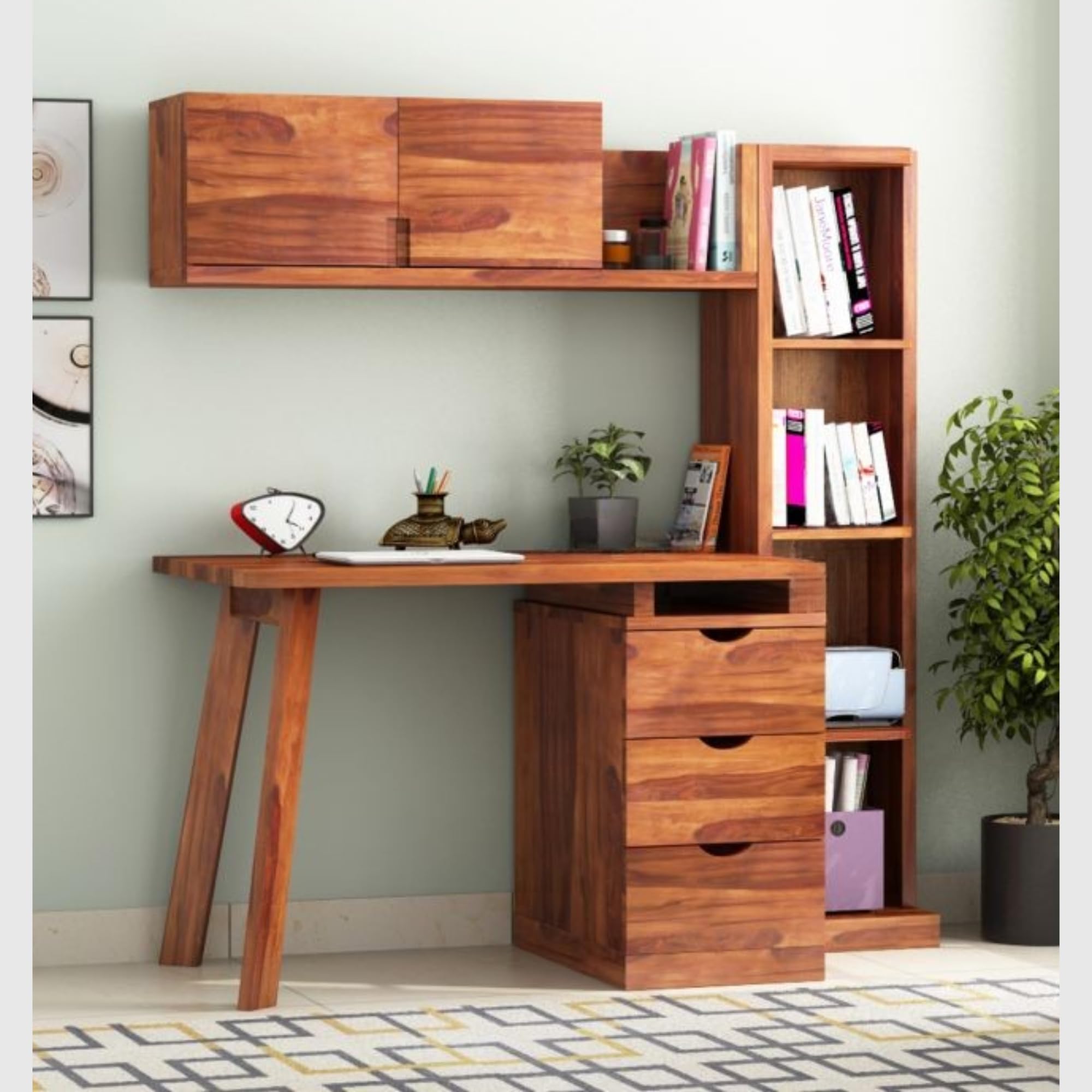 Solid Sheesham Wood Study Table | Wooden Writing Desk for Home & Office | Durable Handcrafted Desk with Storage | Modern Design Work Table (Honey, Design 4)-image-12