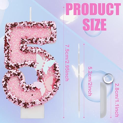 Vista 9 de Velas de números de cumpleaños de 3 x 2 pulgadas, velas de números con purpurina, velas de cumpleaños de mariposa rosa con lentejuelas