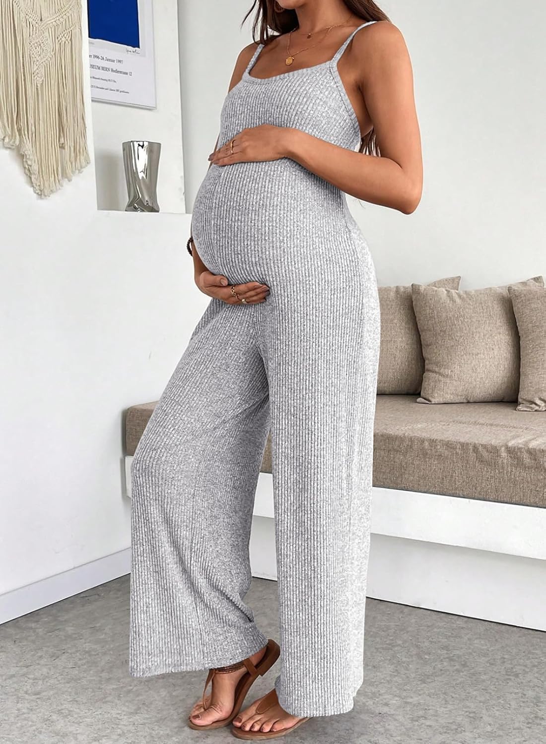 BLENCOT Maternity Ribbed Jumpsuit Sleeveless Square Neck Wide Leg Stretchy One Piece Romper - Image 5