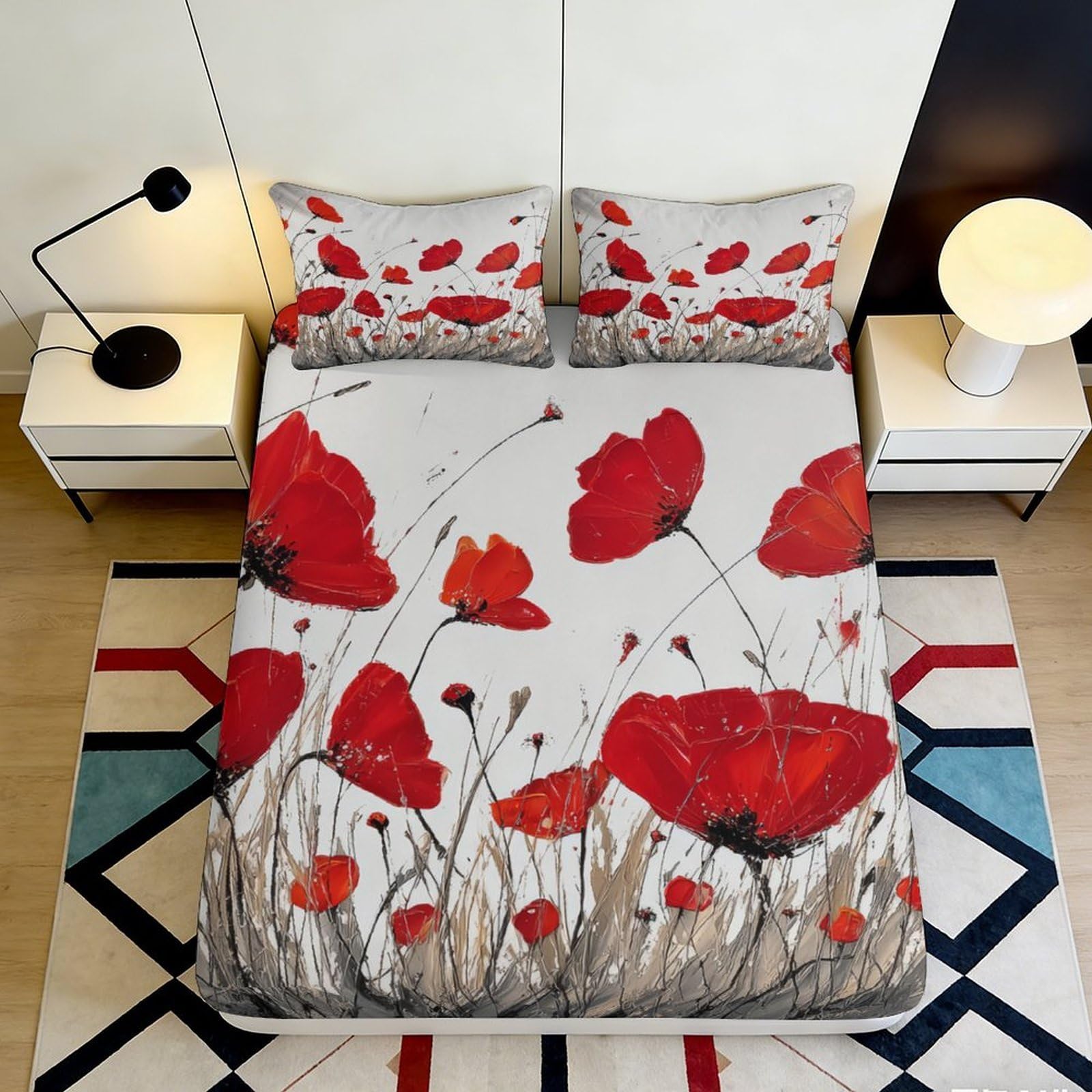 3D Printed Red Poppy Field Fitted Sheet Microfiber Soft Breathable Wildflower Bed Cover for Bedroom Guest Room Decor 90x200x25cm