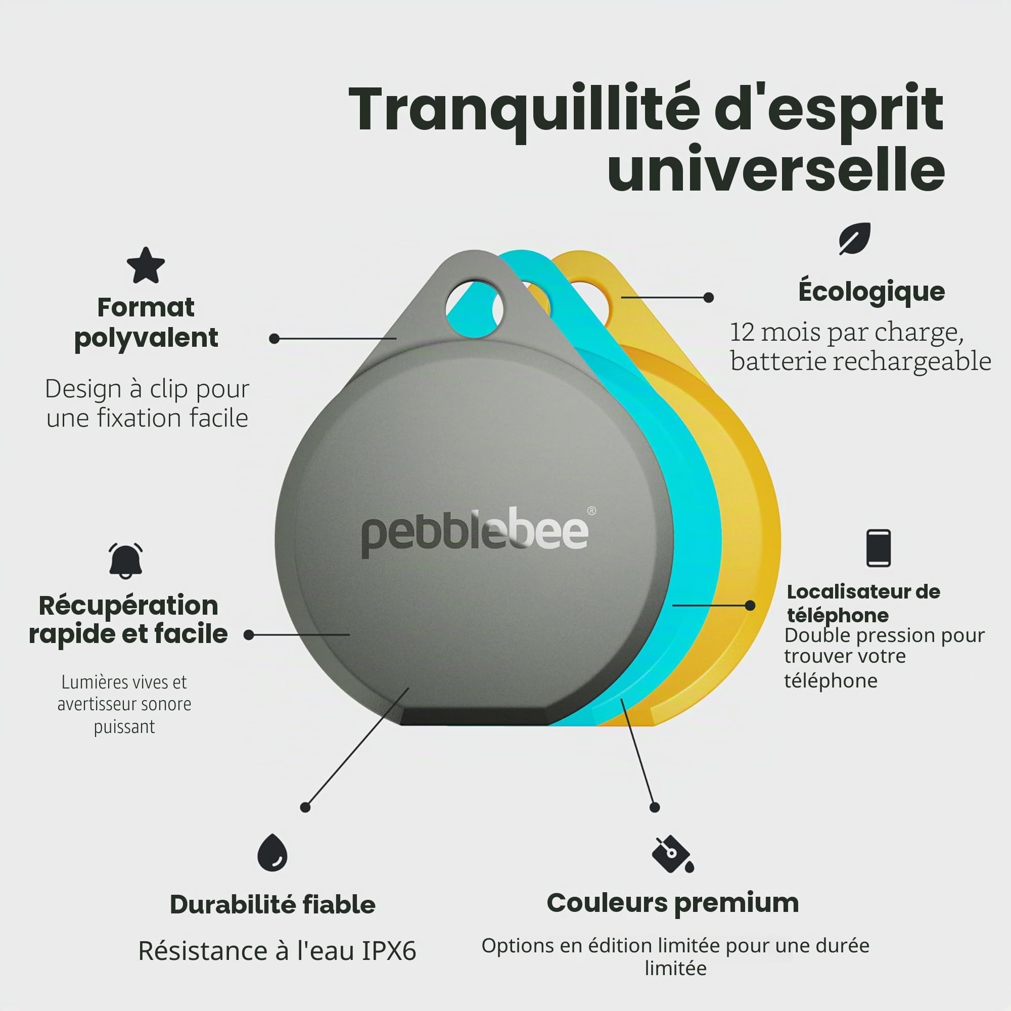 Pebblebee Clip 5 | Étiquette de suivi Bluetooth rechargeable pour clés et sacs | Alternative aux traqueurs Air Tag et Android | Sirène 130 dB, LED stroboscopique lumineux, batterie de 12 mois, mode de