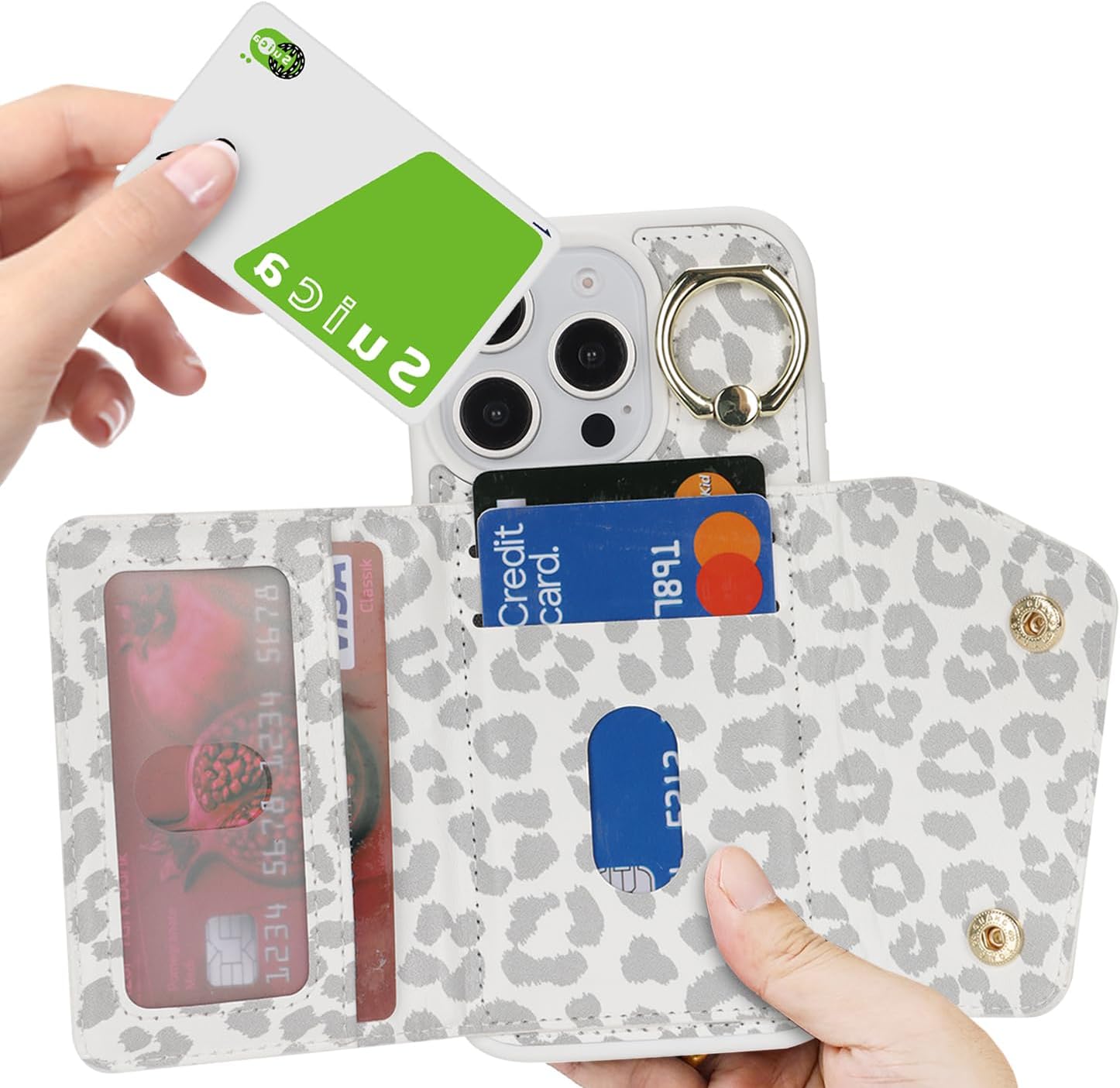 Lipvina for iPhone 16 Pro Case Wallet with Card Holder - Zipper Pocket,Credit Card Slots,RFID Blocking,Stand Ring,PU Leather Double Snap Cover for Women and Men(White Leopard,6.3 Inch)
