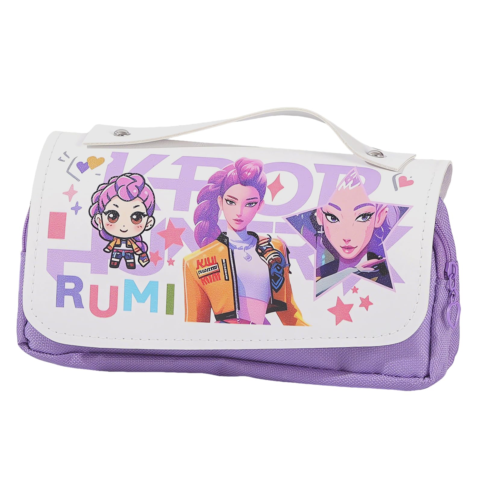 Estuche para niñas, estilo pop coreano, moderno, con diseño de Huntrix, estuche con compartimentos, para la escuela y el ocio, niños y adolescentes, púrpura-blanco, Federmäppchen Klein