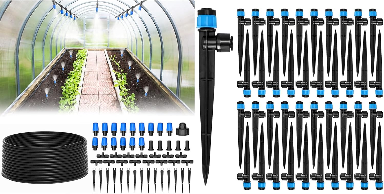 The Bundle of MIXC 40 Pack Quick Connector Drip Emitter Vortex and MIXC 65FT Greenhouse Watering System- Quick Efficient Connector Hanging Plant Watering System