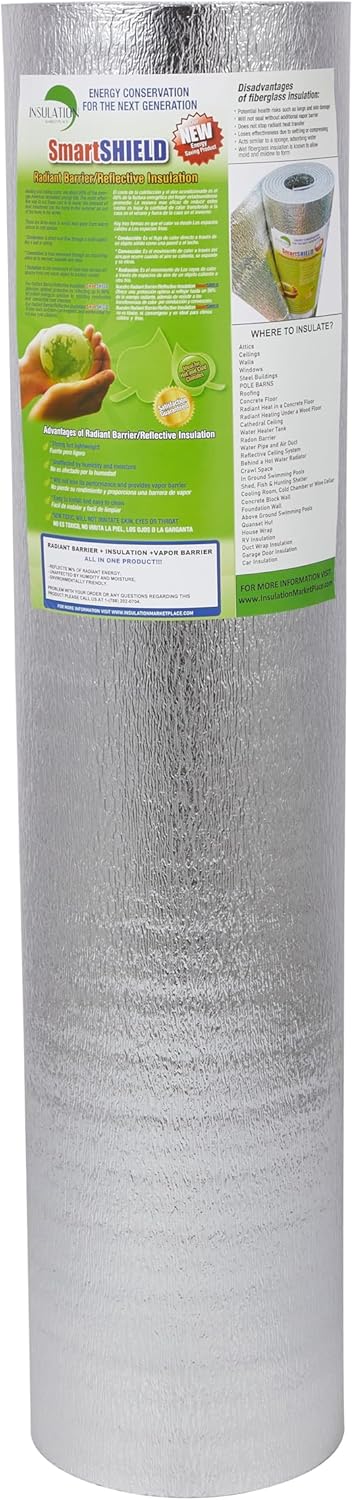 INSULATION MARKETPLACE SmartSHIELD -3mm 48 Inchx50Ft Reflective Insulation roll, Foam Core Radiant Barrier, Thermal Insulation Shield - Engineered Foil