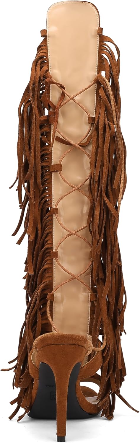 FancyQueen Gladiator Heels Knee High Heels for Women Open Toe Stiletto Suede Fringe Boots Lace up Strappy Peep Toe High Sandal Boots - Image 7
